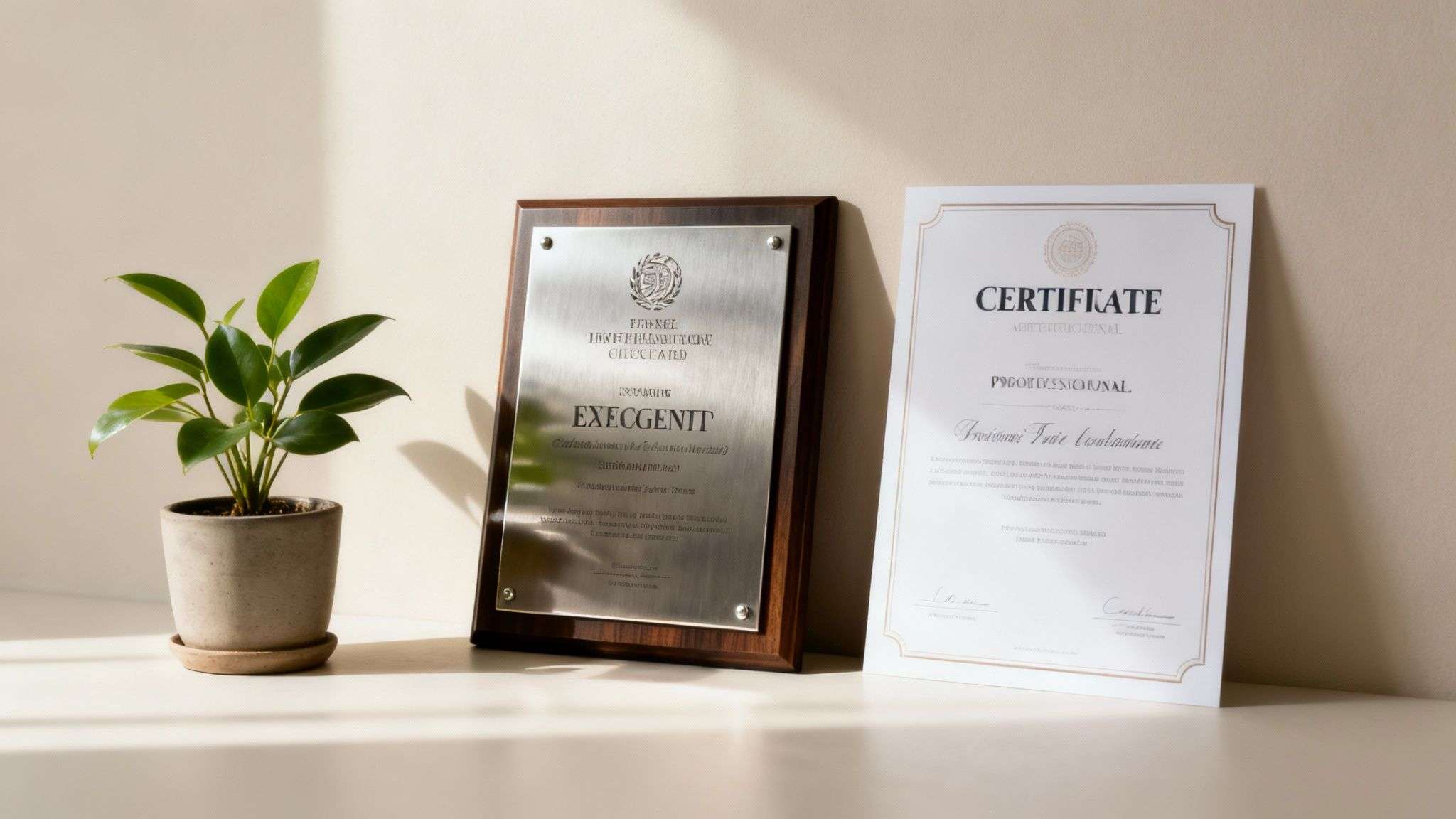 A small green potted plant, a wooden plaque with a metal plate, and a certificate on a desk.