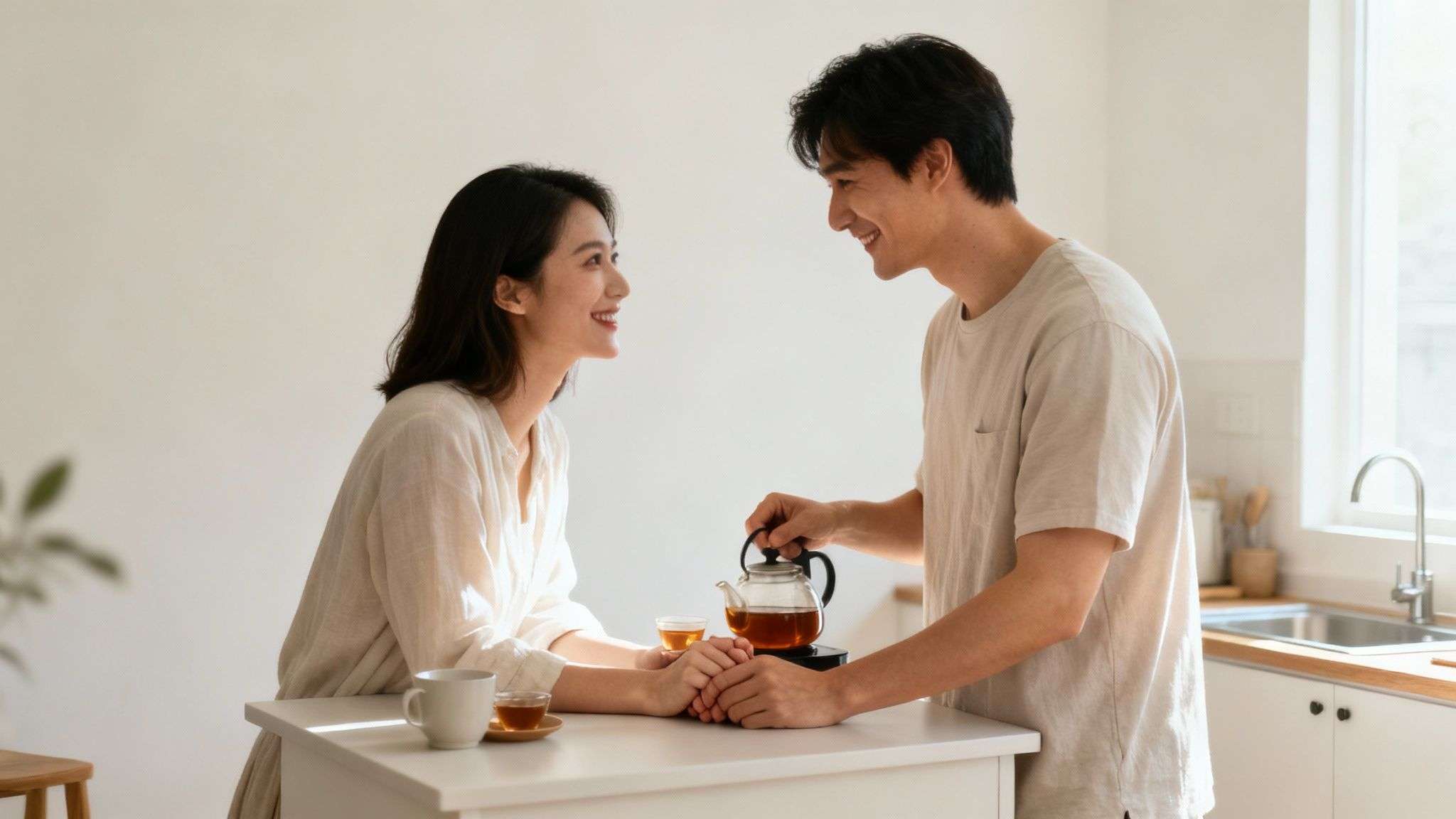 A smiling Asian couple shares a tender moment while pouring tea at home.