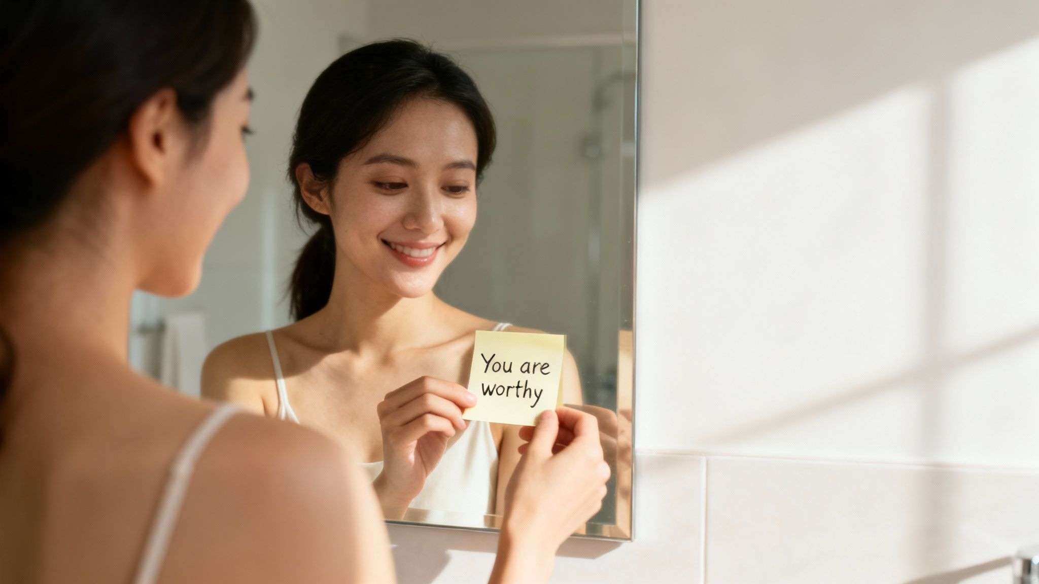 A smiling Asian woman looks at her reflection, holding a sticky note with 'You are worthy'.