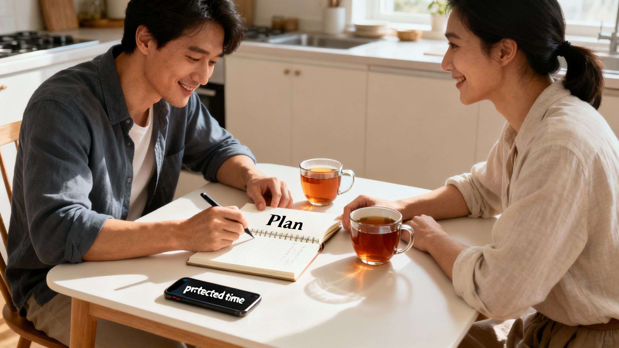 A smiling couple sits at a kitchen table, planning their schedule, with tea and a phone displaying 'protected time'.