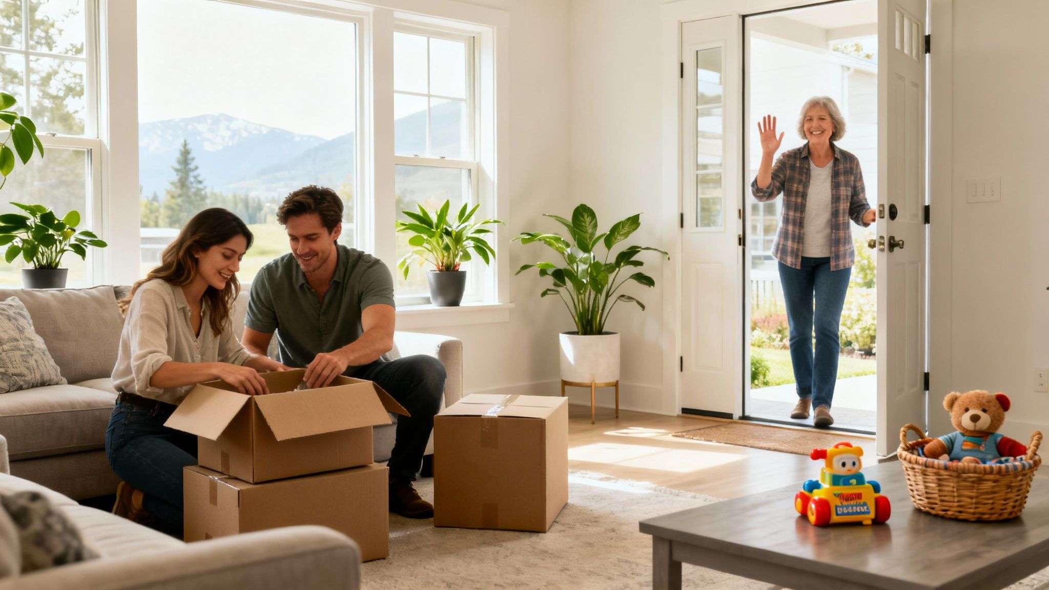 A smiling couple unpacks moving boxes in a bright living room, while an older woman waves from the doorway.