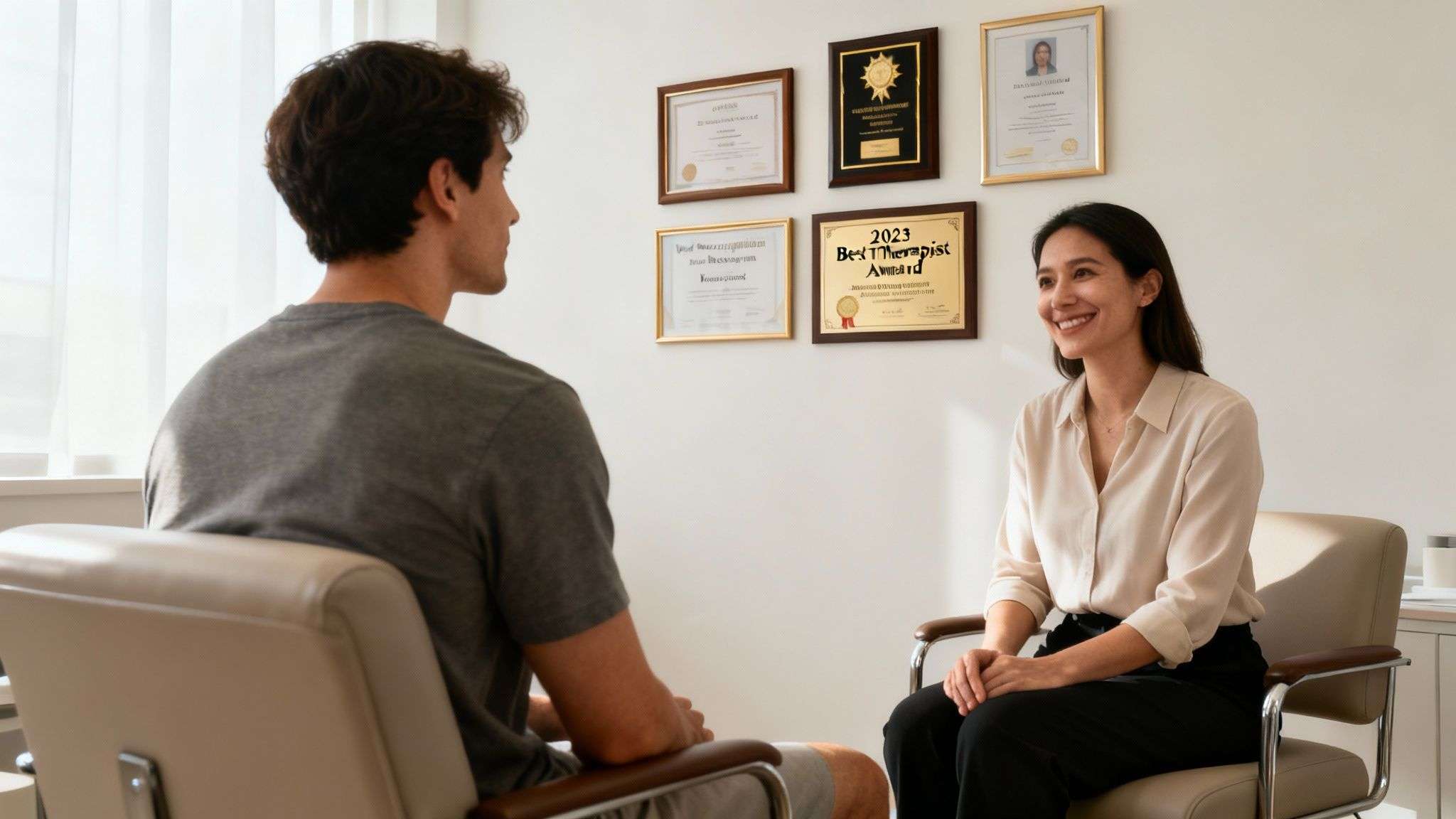 A smiling female therapist sits opposite a male client in an office with framed awards.