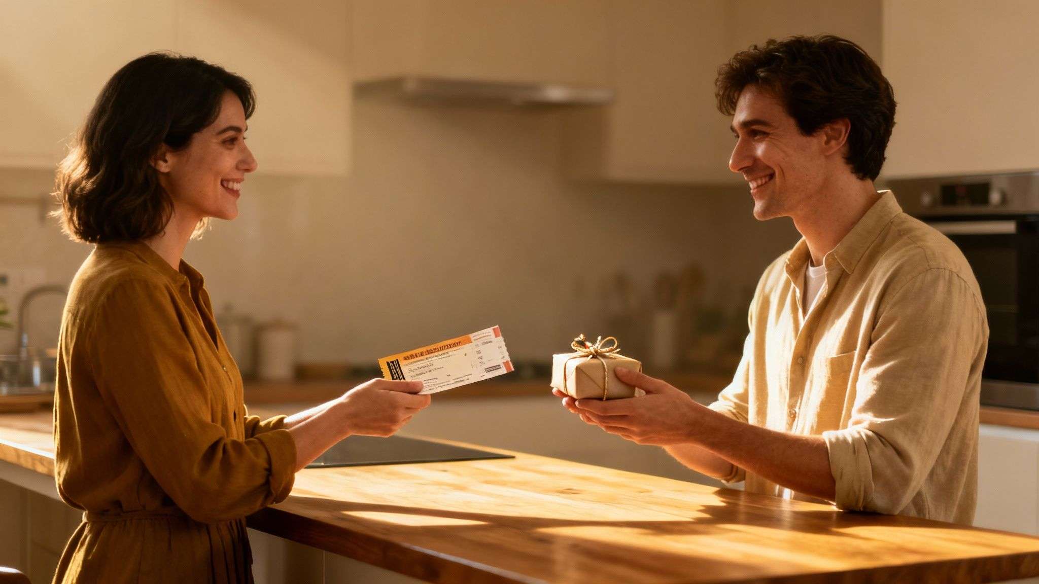 A smiling woman gives a ticket to a smiling man who offers a small gift.