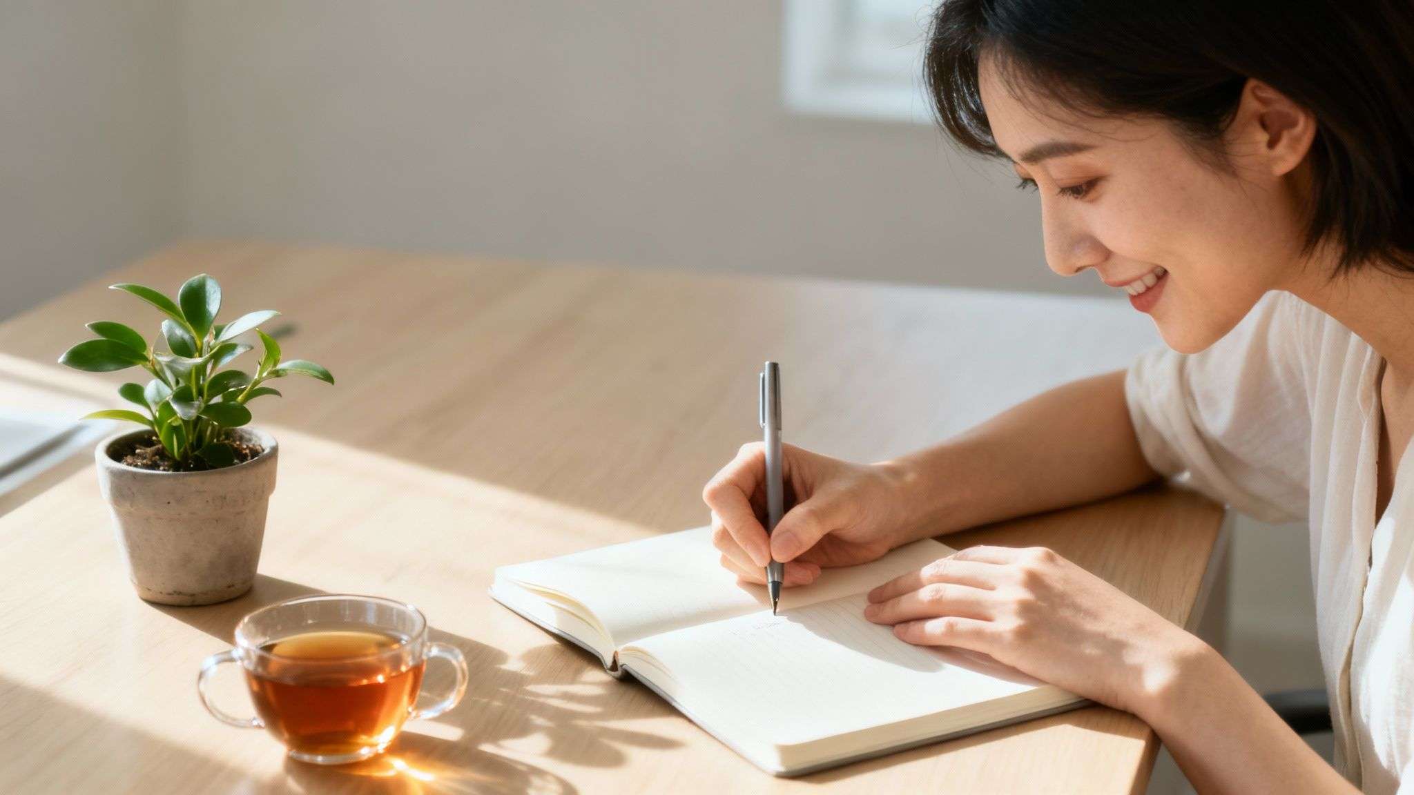 A smiling young Asian woman writing in a notebook on a sunny wooden desk with a plant and tea.