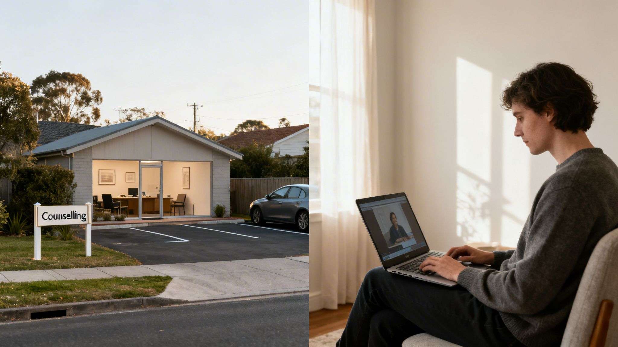 A split image showing an in-person counselling office and a man doing online therapy.