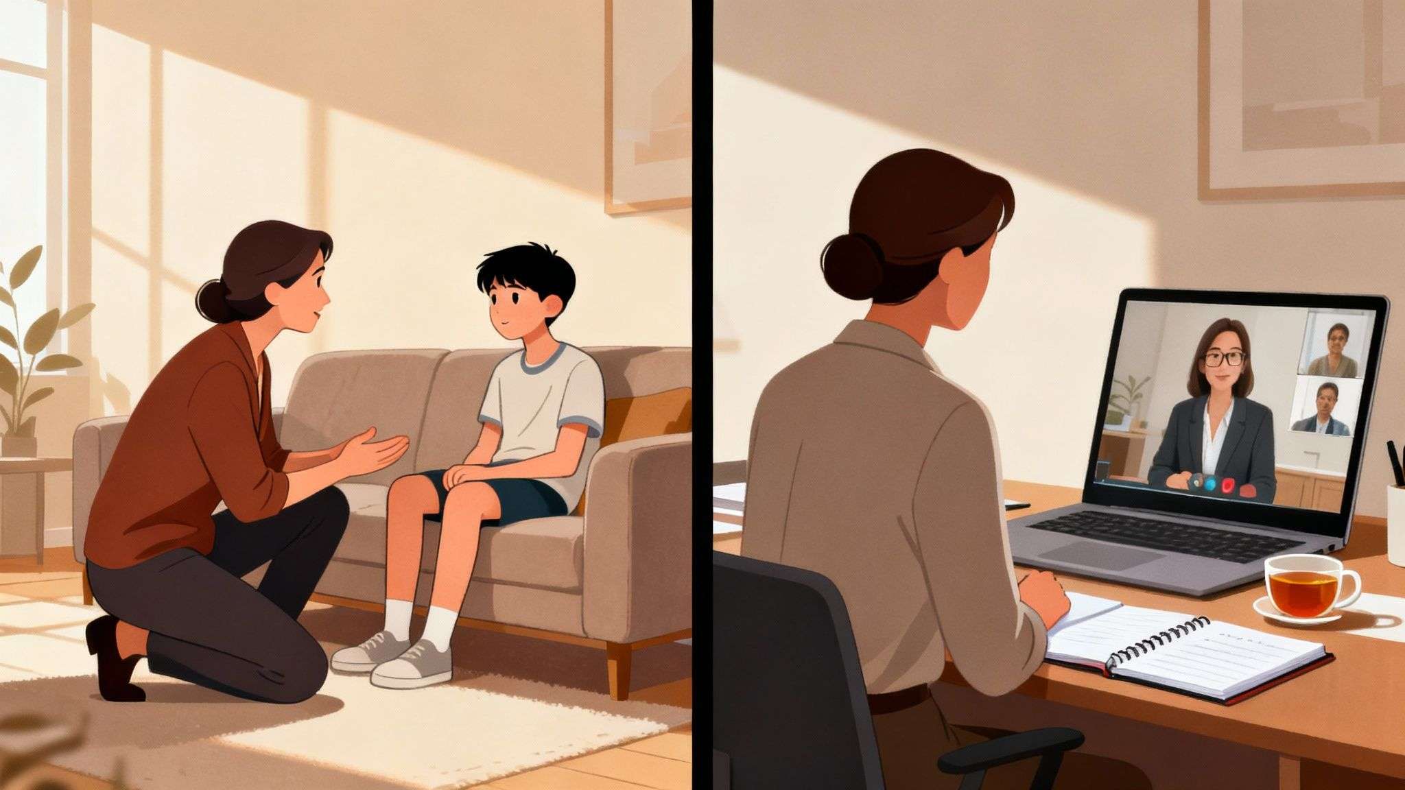 A split image shows a woman talking to a teen boy, and another woman on a virtual meeting.