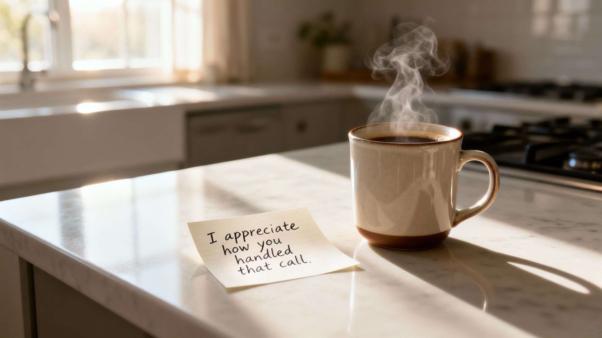 A steaming coffee mug and a handwritten 'thank you' note on a sunny kitchen counter.