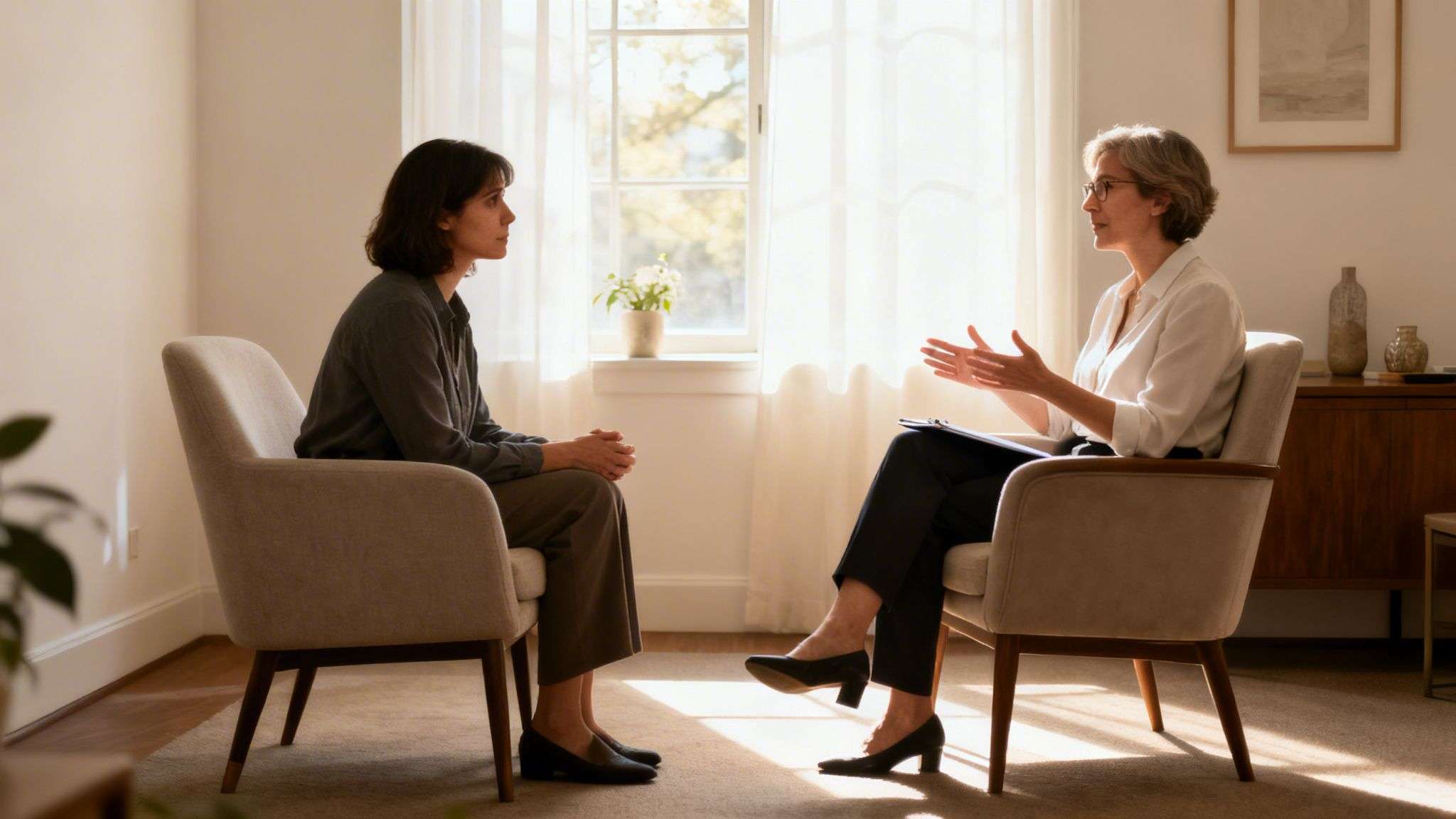 A therapist talking to a client in a sunlit office, providing professional counselling.
