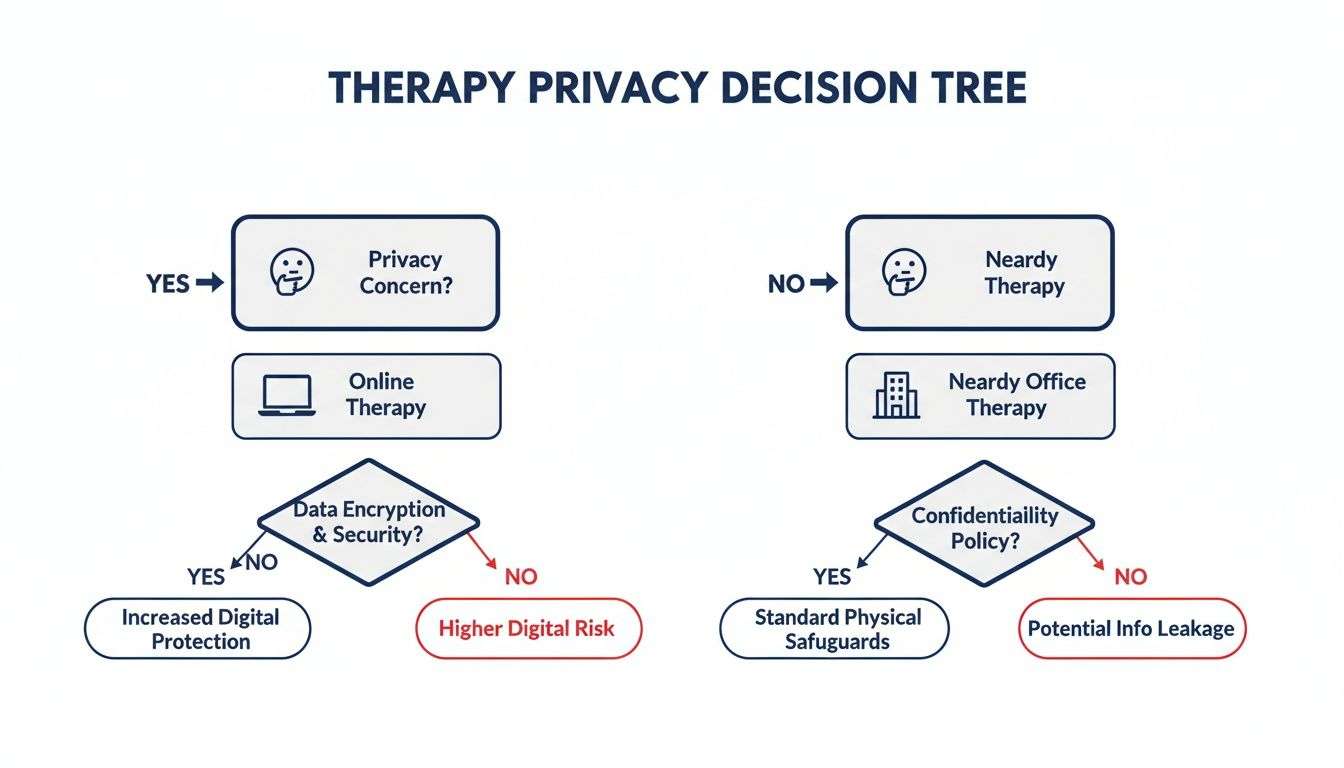 A therapy privacy decision tree flowchart showing choices for online or nearby therapy with privacy concerns.