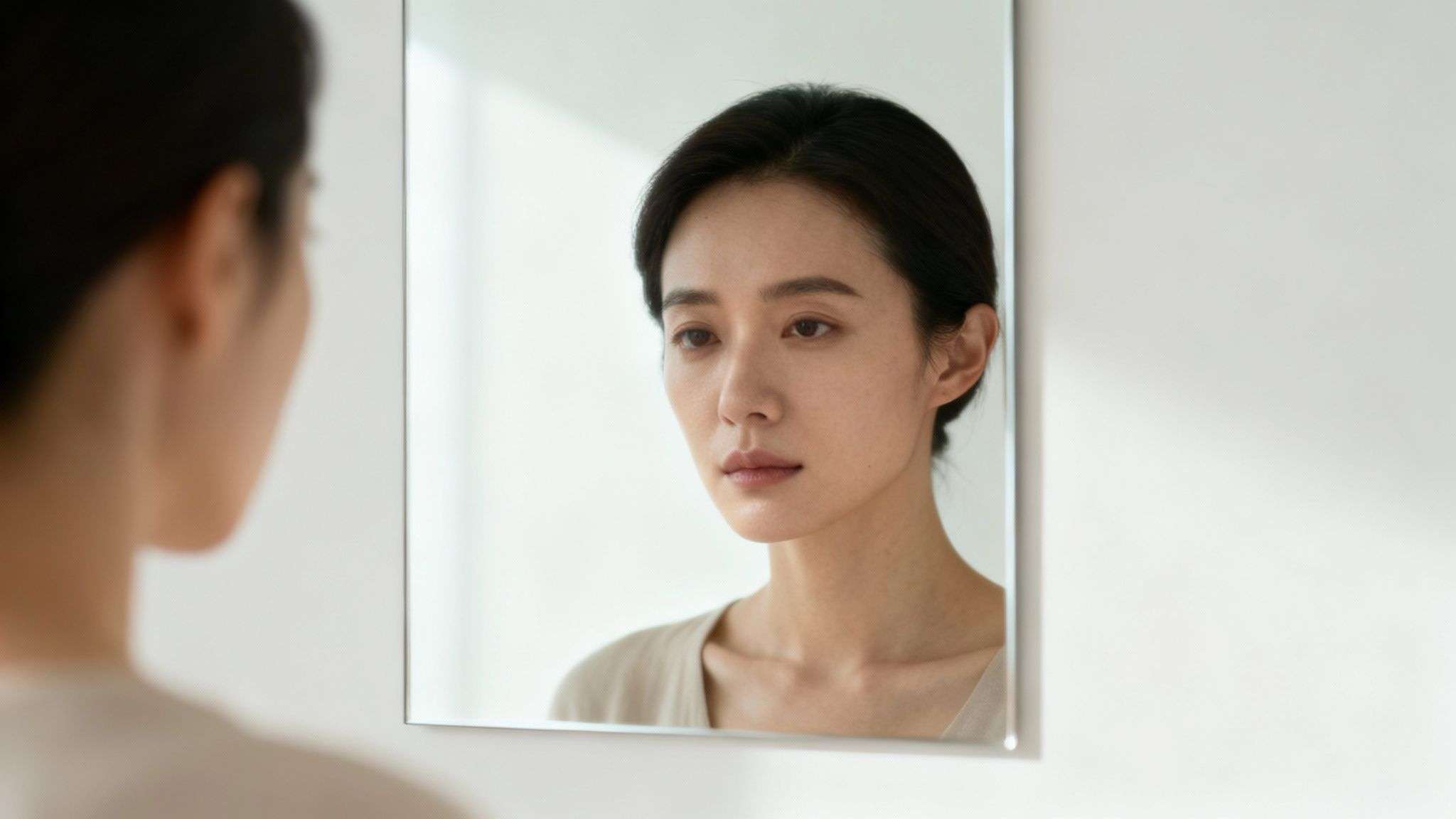 A thoughtful Asian woman looking at her reflection in a mirror against a white wall.