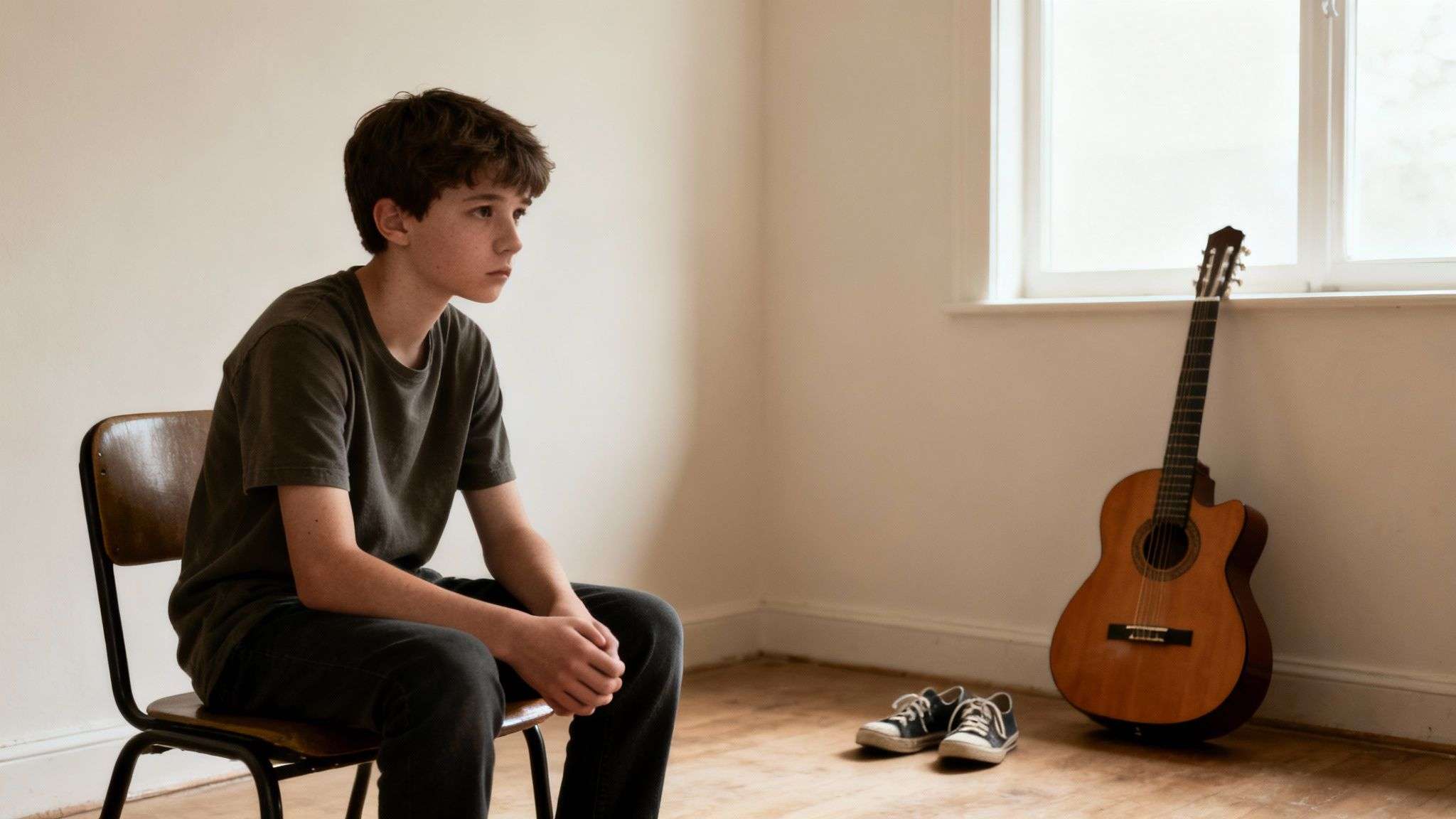 A thoughtful teenage boy sits on a wooden chair in a minimalist room, with a guitar and sneakers.