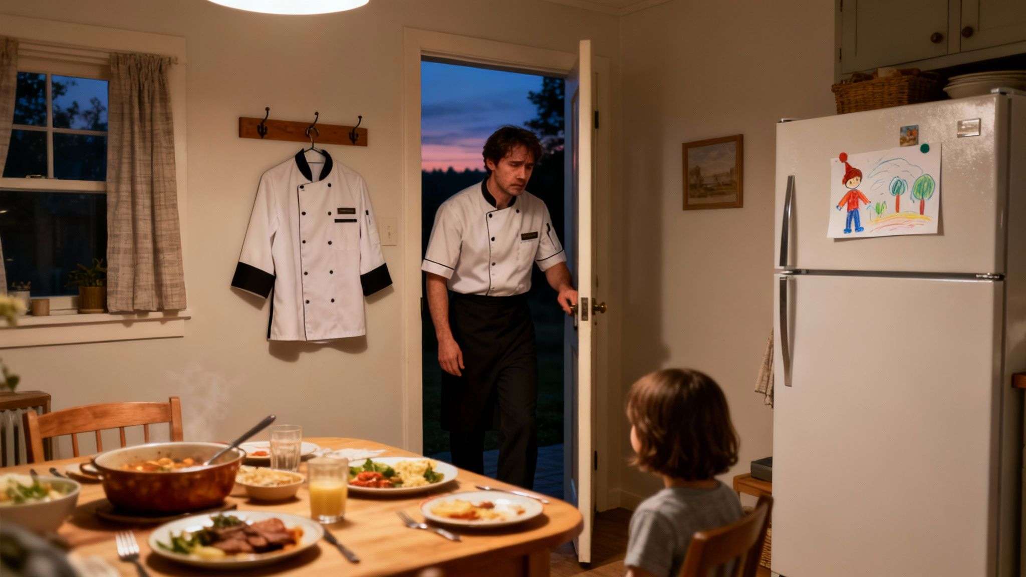A tired chef enters a home kitchen as a child waits at a dinner table set with food.