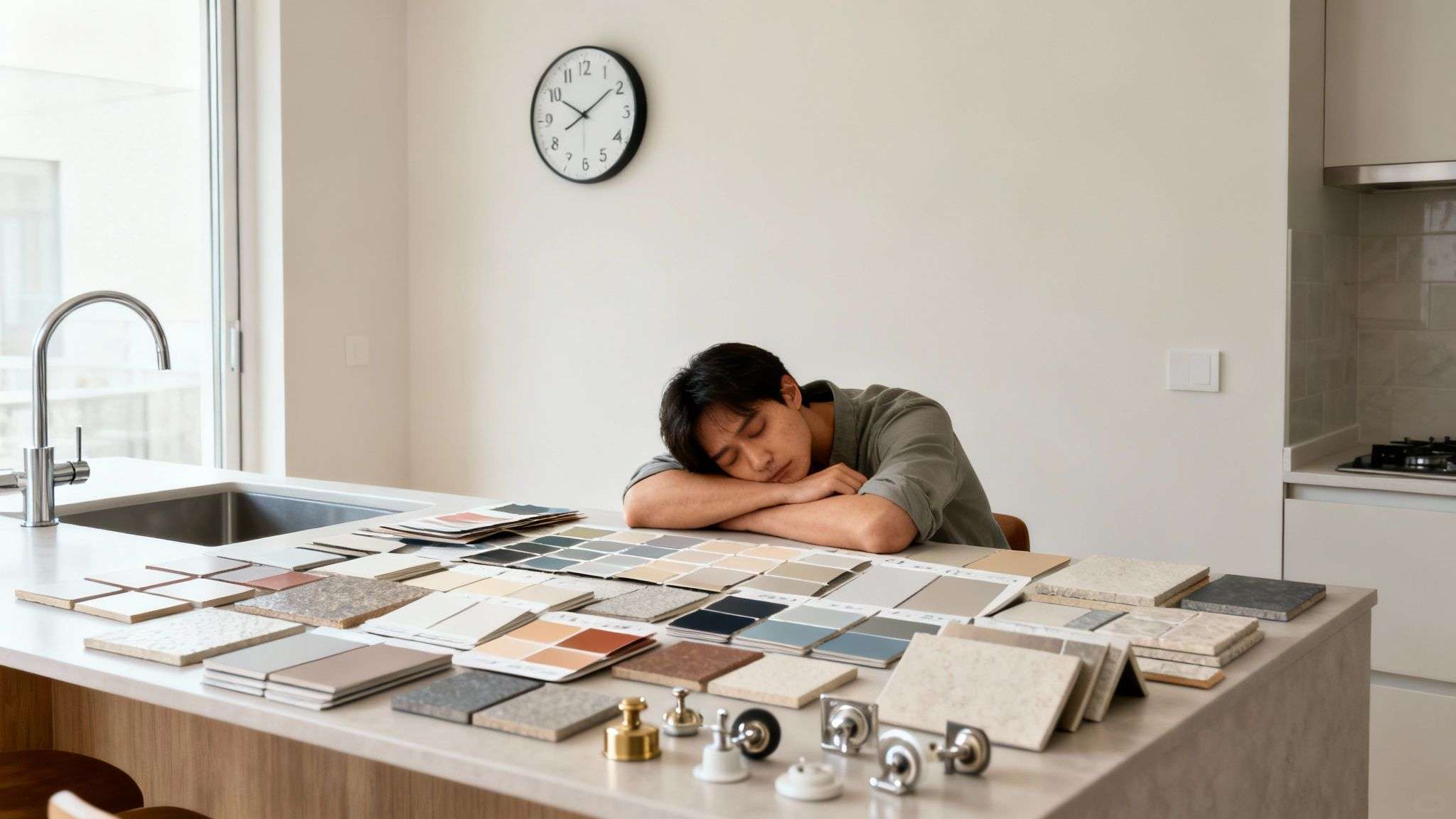 A tired person sleeps on a kitchen counter surrounded by numerous home renovation samples.