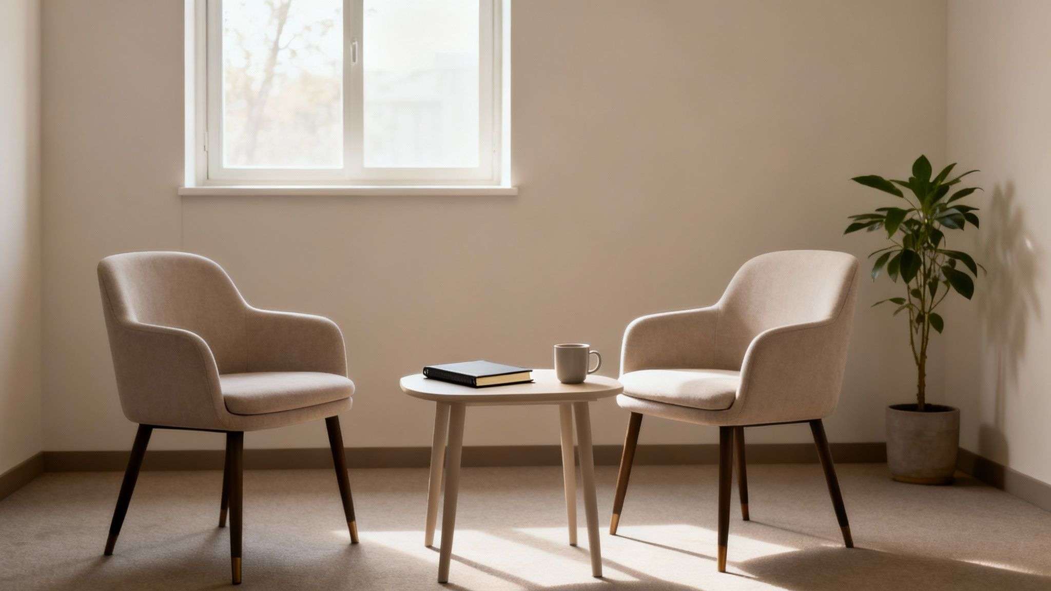 A tranquil therapy room with two armchairs, a small table, a book, and a plant.