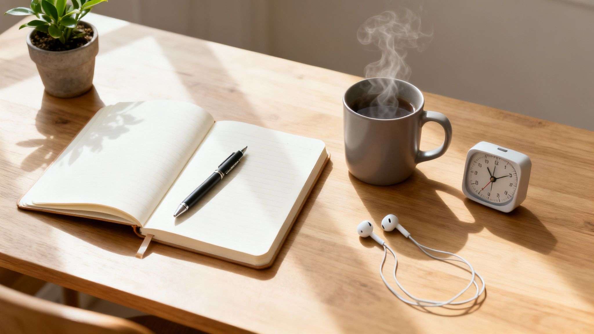 A warm, sunlit desk with an open notebook, pen, steaming coffee, alarm clock, and earphones.