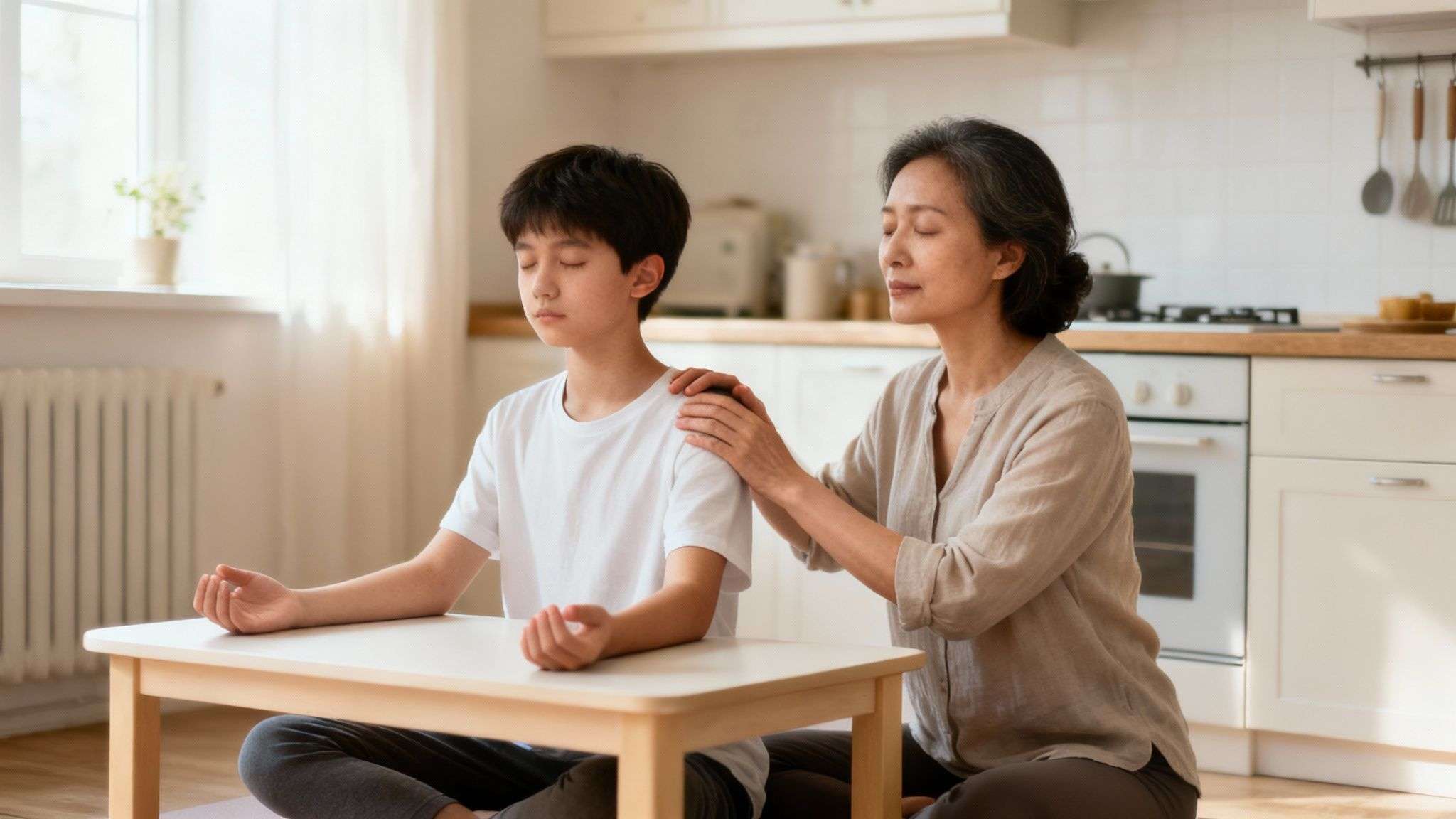 A woman and a boy meditate on the floor, woman gently touches boy's shoulder.
