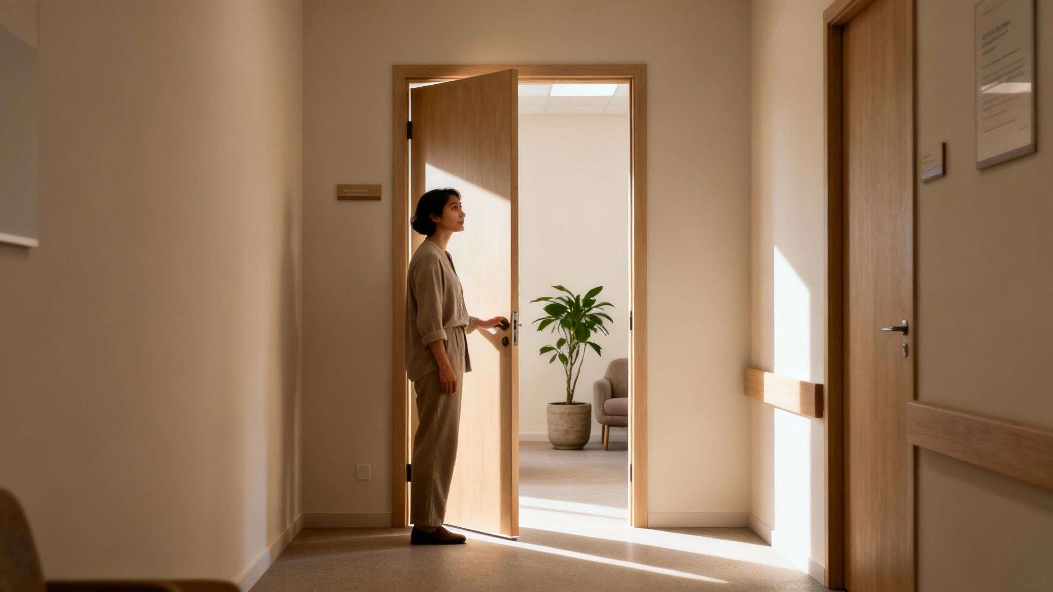 A woman in neutral clothes stands in a bright hospital hallway, opening a wooden door to a serene room.