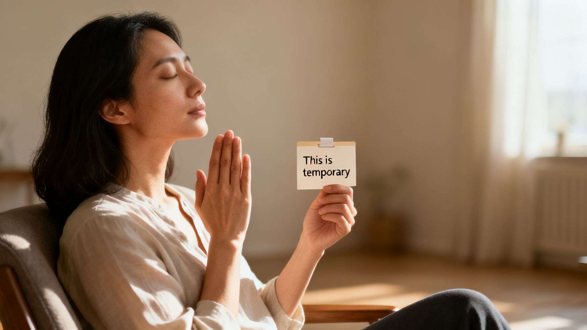 A woman meditates with closed eyes, holding a card that reads 'This is temporary', in a sunlit room.