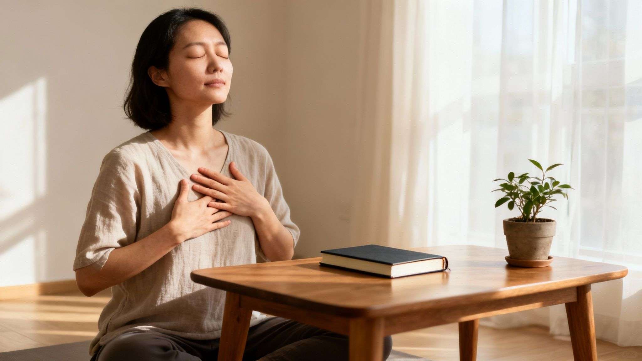 A woman meditates with eyes closed and hands on her chest in a sunlit room, fostering peace.