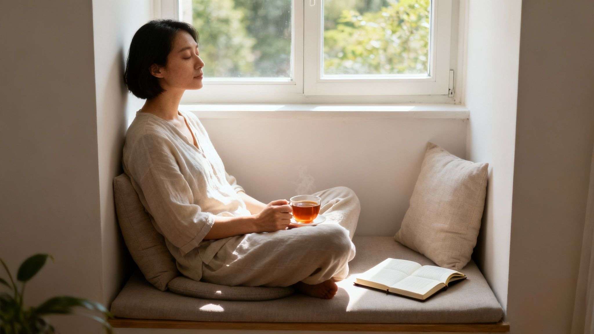 A woman relaxes on a sunlit window seat, eyes closed, holding a steaming cup of tea.