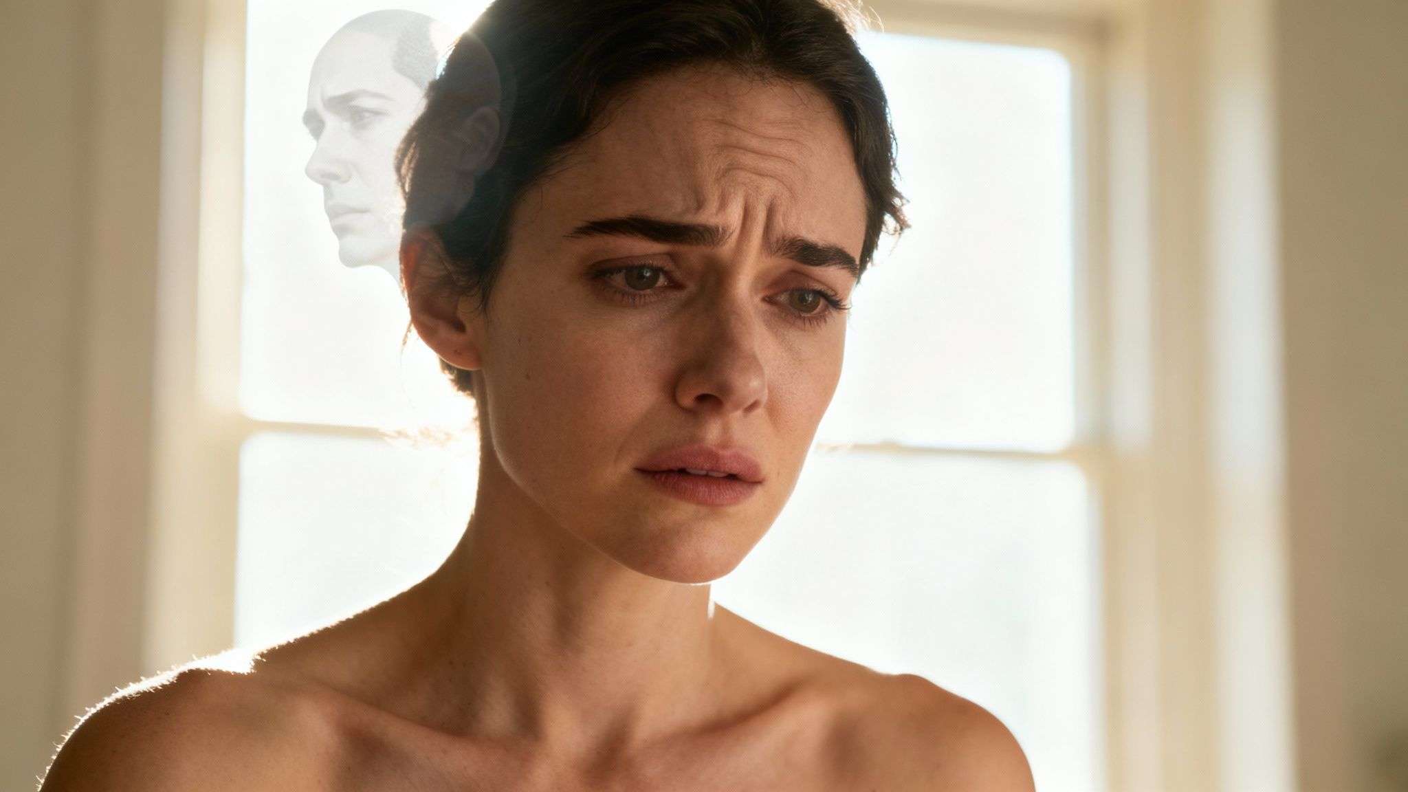 A woman with a distressed expression, a transparent profile of another face behind her, symbolizing inner turmoil.