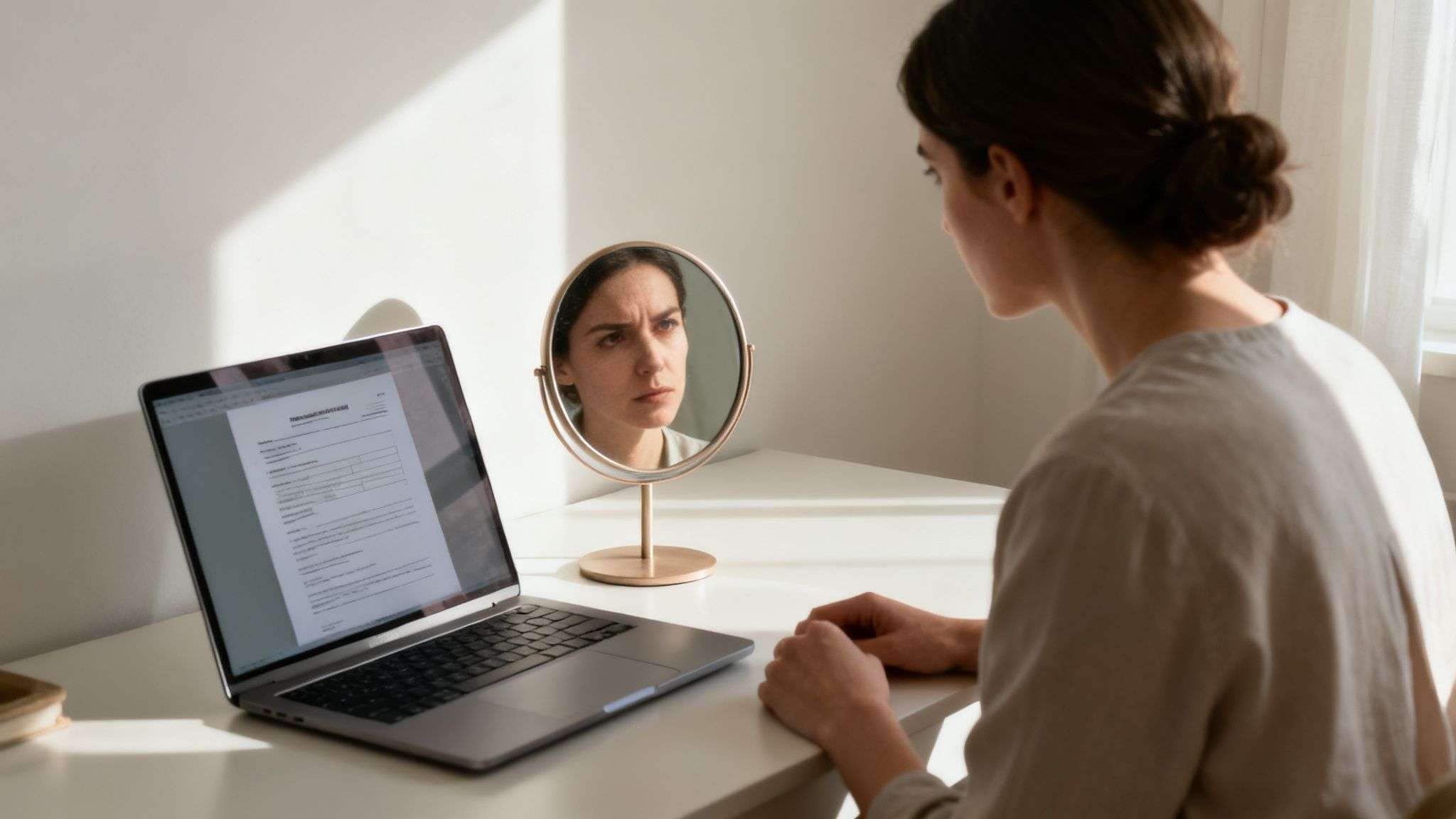 A woman with a worried expression looks at her reflection in a desk mirror beside a laptop.