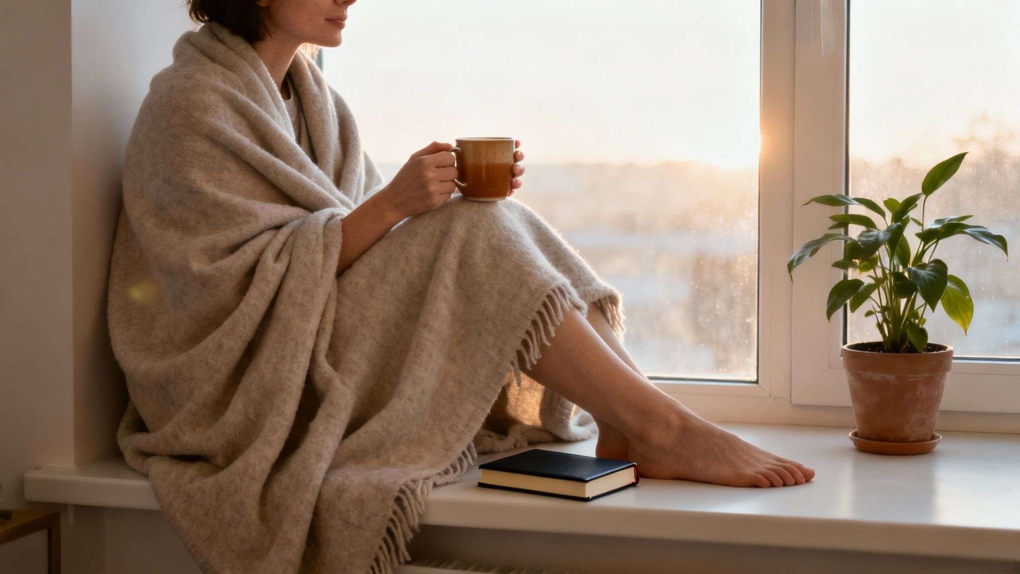 A woman wrapped in a cozy blanket sits by a sunlit window, holding a warm mug, with a book and plant.