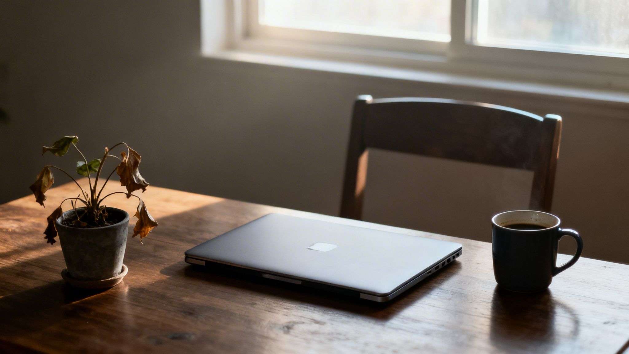 A wooden desk with a closed laptop, a cup of coffee, and a dying plant in sunlight.