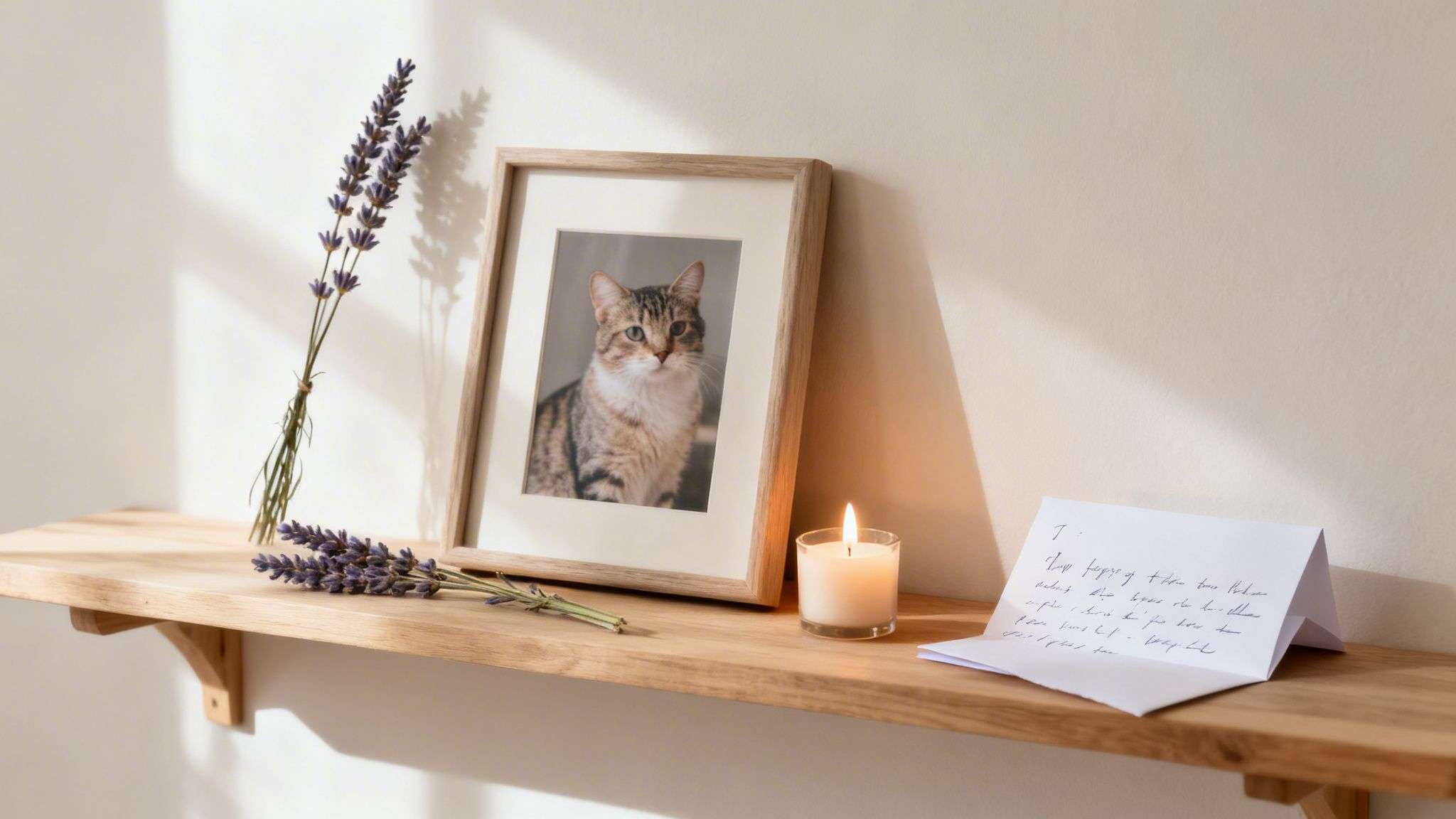 A wooden shelf with a framed cat photo, lavender flowers, a lit candle, and a note.