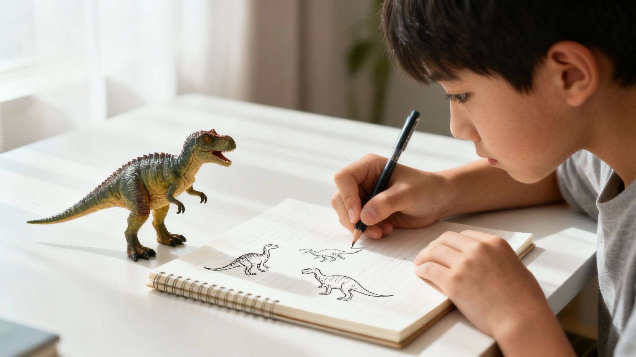 A young boy intently draws dinosaurs in a notebook while a dinosaur toy sits beside him on a bright desk.