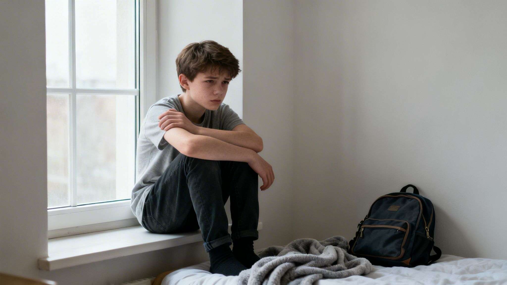 A young boy sits by a window, looking sad and withdrawn, possibly experiencing depression.