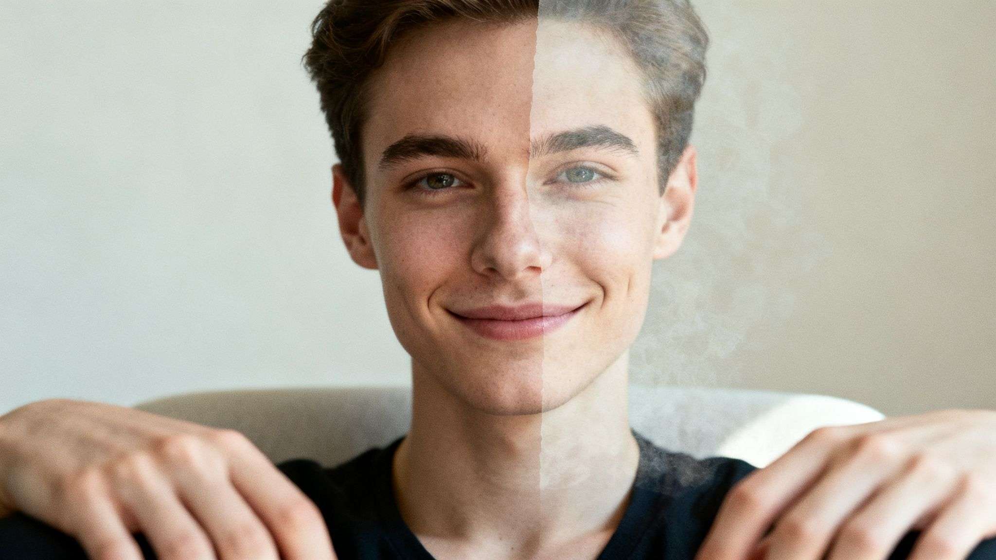 A young man's smiling face, split with one half clear and the other faded or masked.