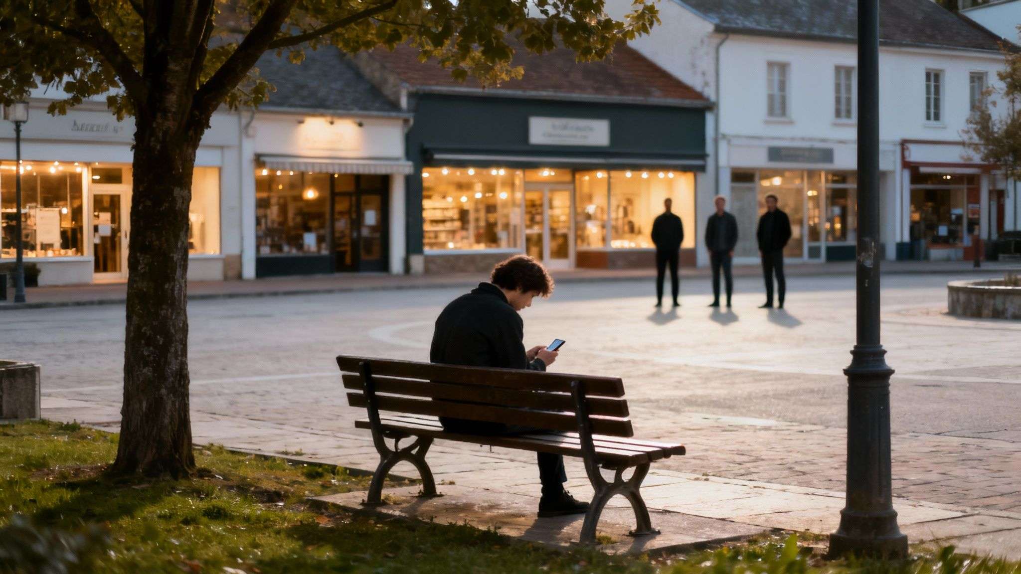 A young man sits on a bench, looking at his phone, in a small town square at dusk.