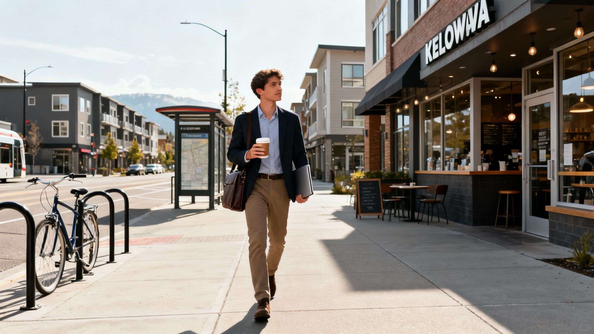 A young man walks on a sunny Kelowna street, holding coffee and a laptop.