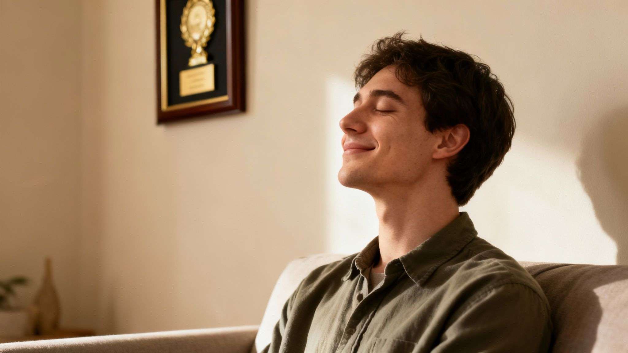 A young man with closed eyes smiles contentedly, basking in sunlight at home.