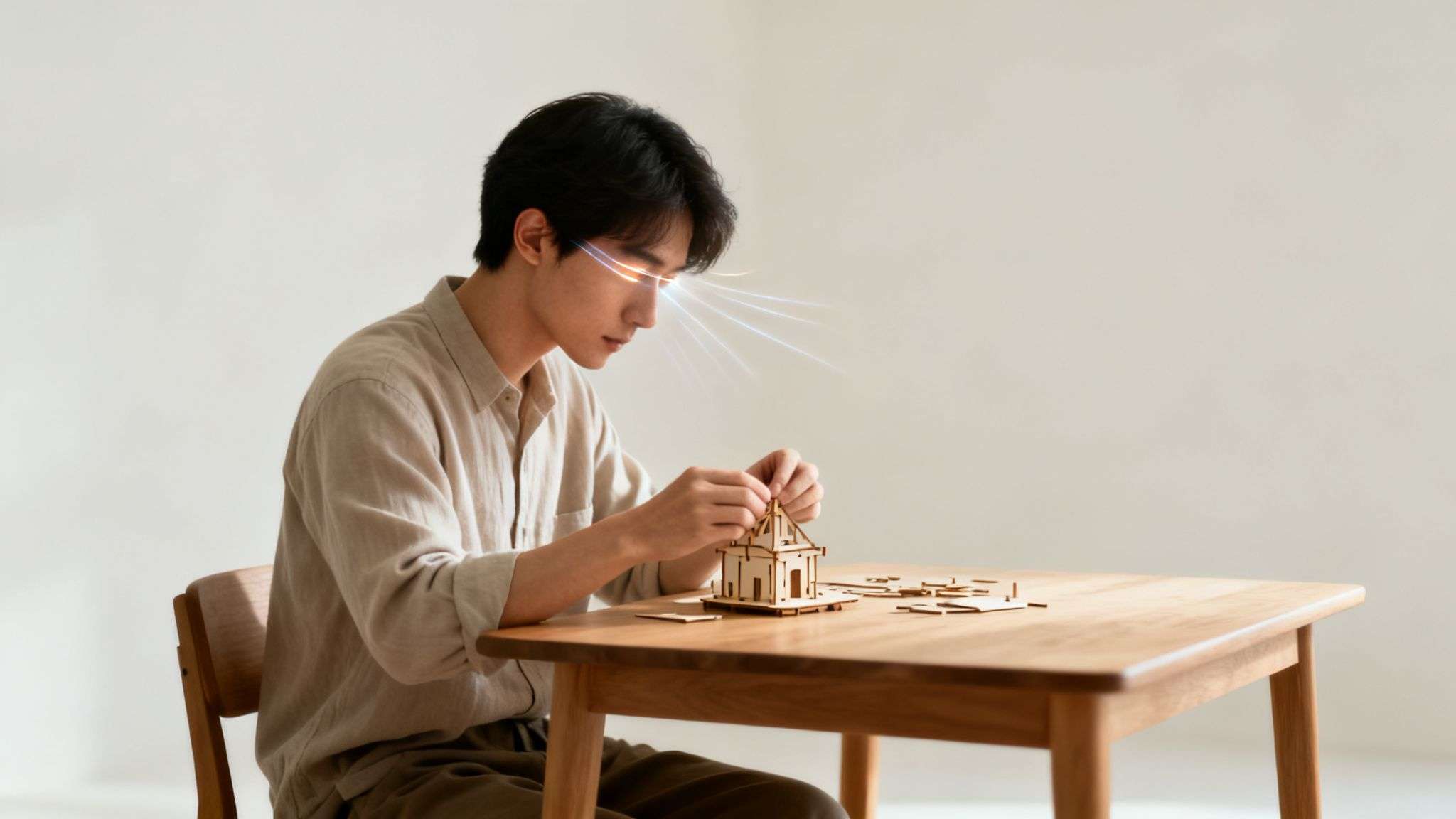 A young man with glowing eyes intensely builds a wooden model house at a table, demonstrating focus.
