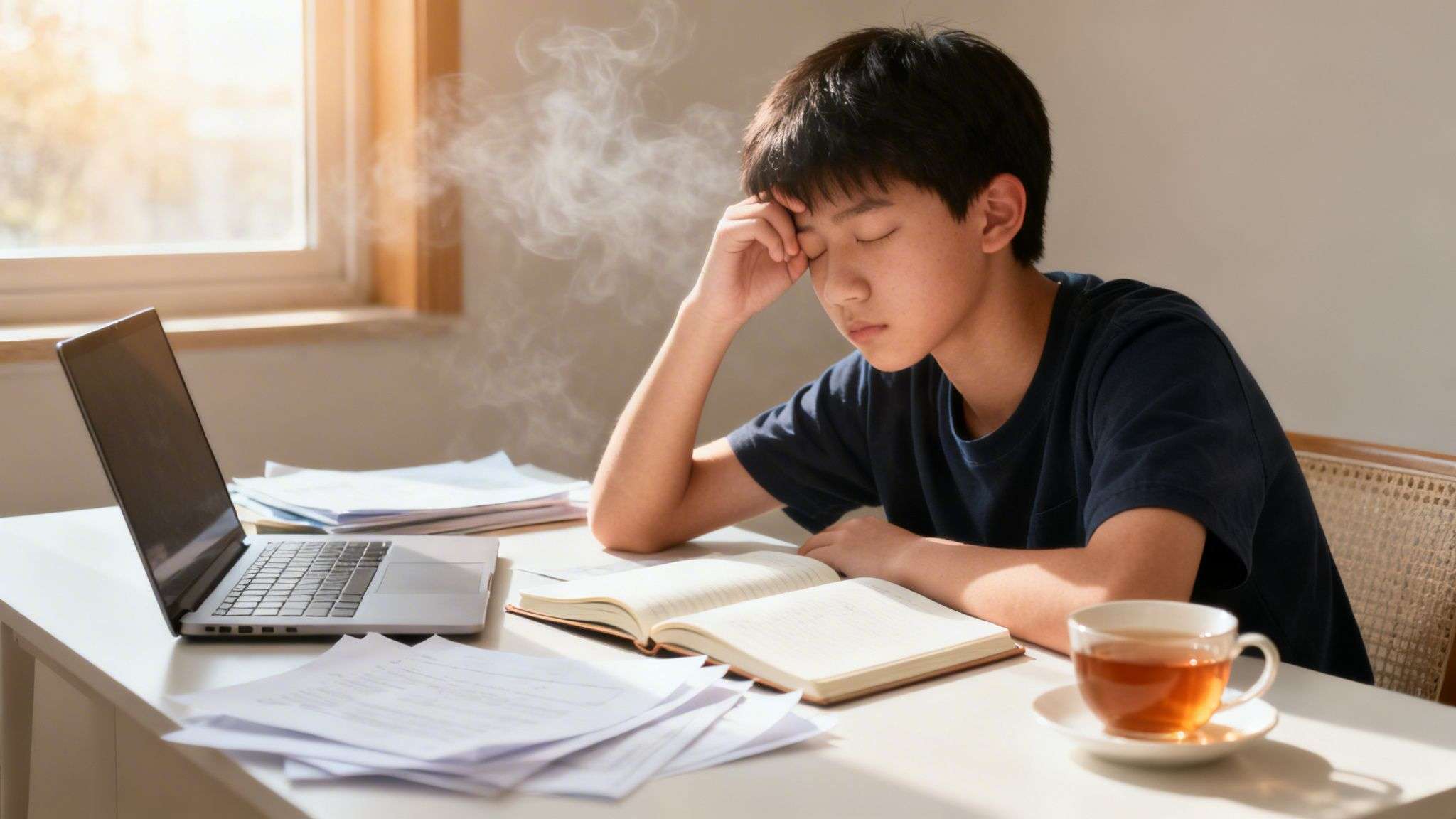 A young person looks tired and stressed while studying at a desk with a laptop, books, and tea.