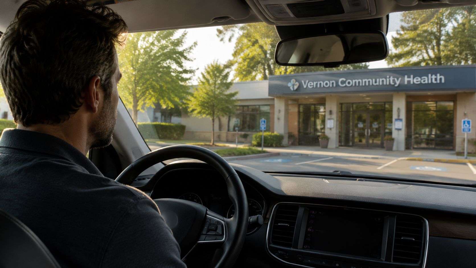 A driver looking at the exterior of the Vernon Community Health center from inside their car.