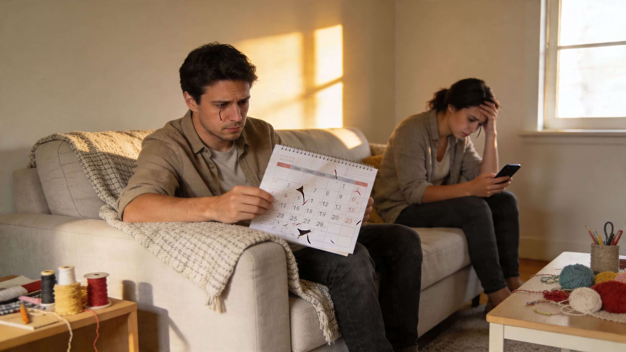 A couple sitting on a sofa looking unhappy while managing time and responsibilities in their relationship.