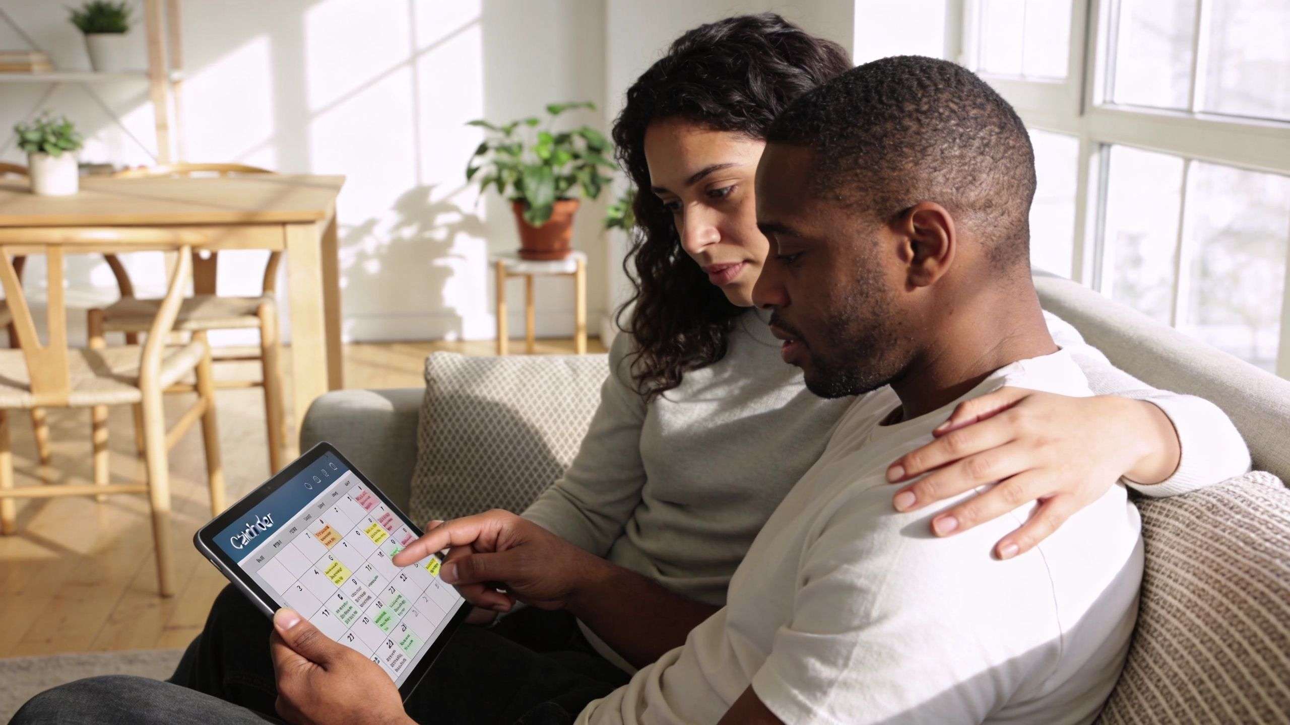 A young couple sitting on a sofa looking at a digital calendar on a tablet together.