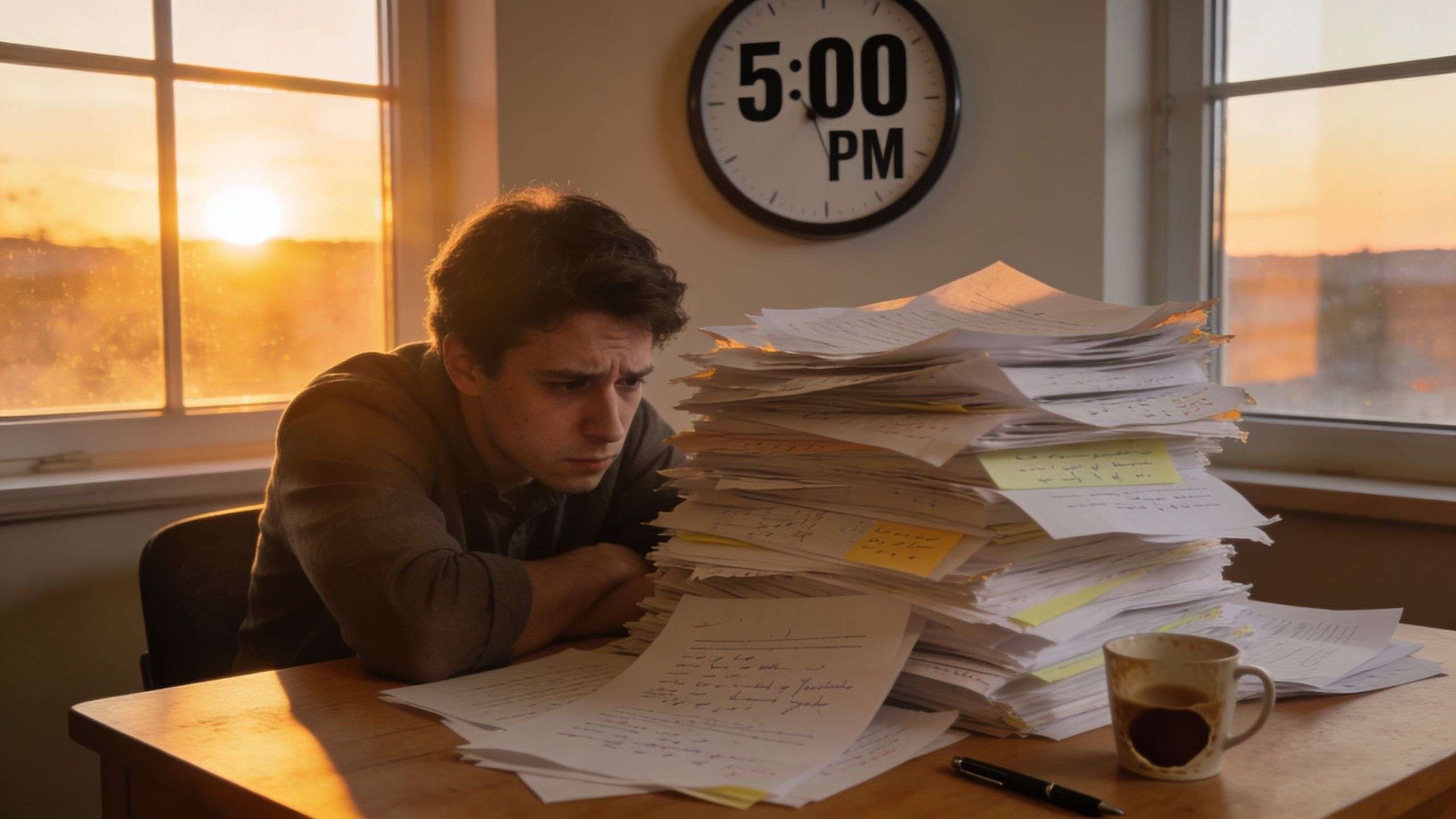 A tired young man staring at a massive stack of paperwork on his desk at sunset.