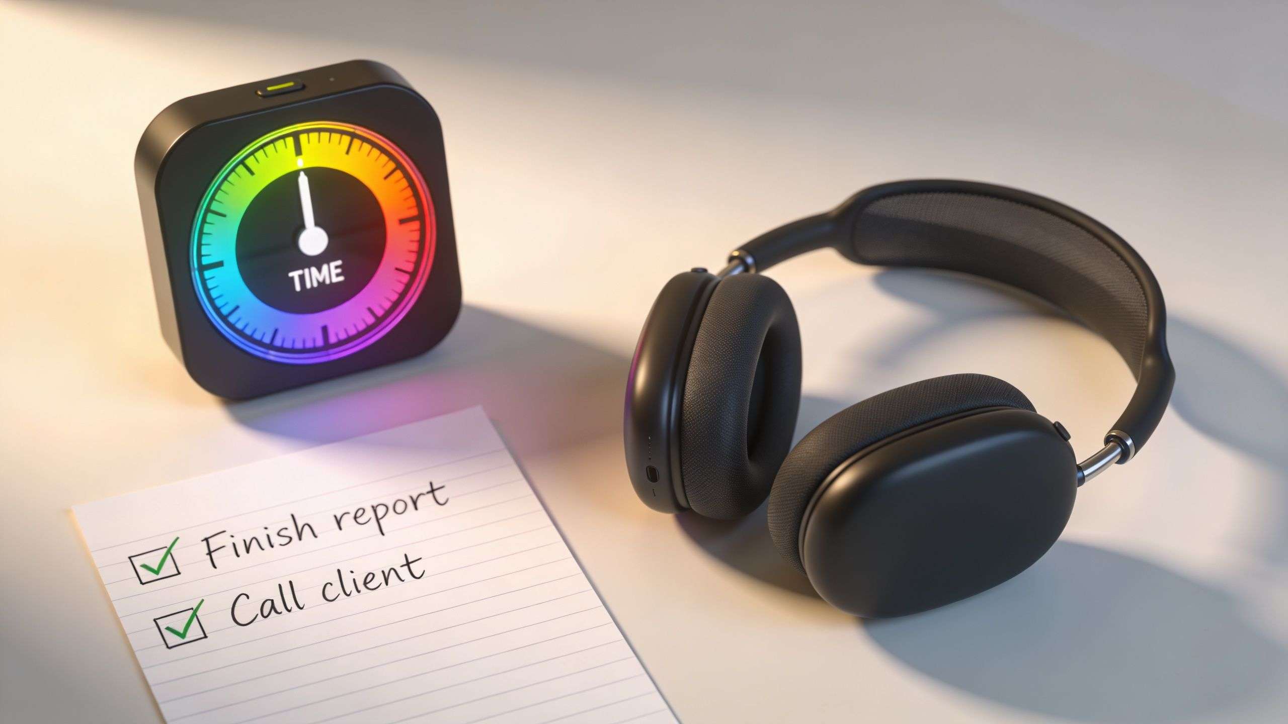 A digital timer, headphones, and a notepad with checked off tasks on a desk.