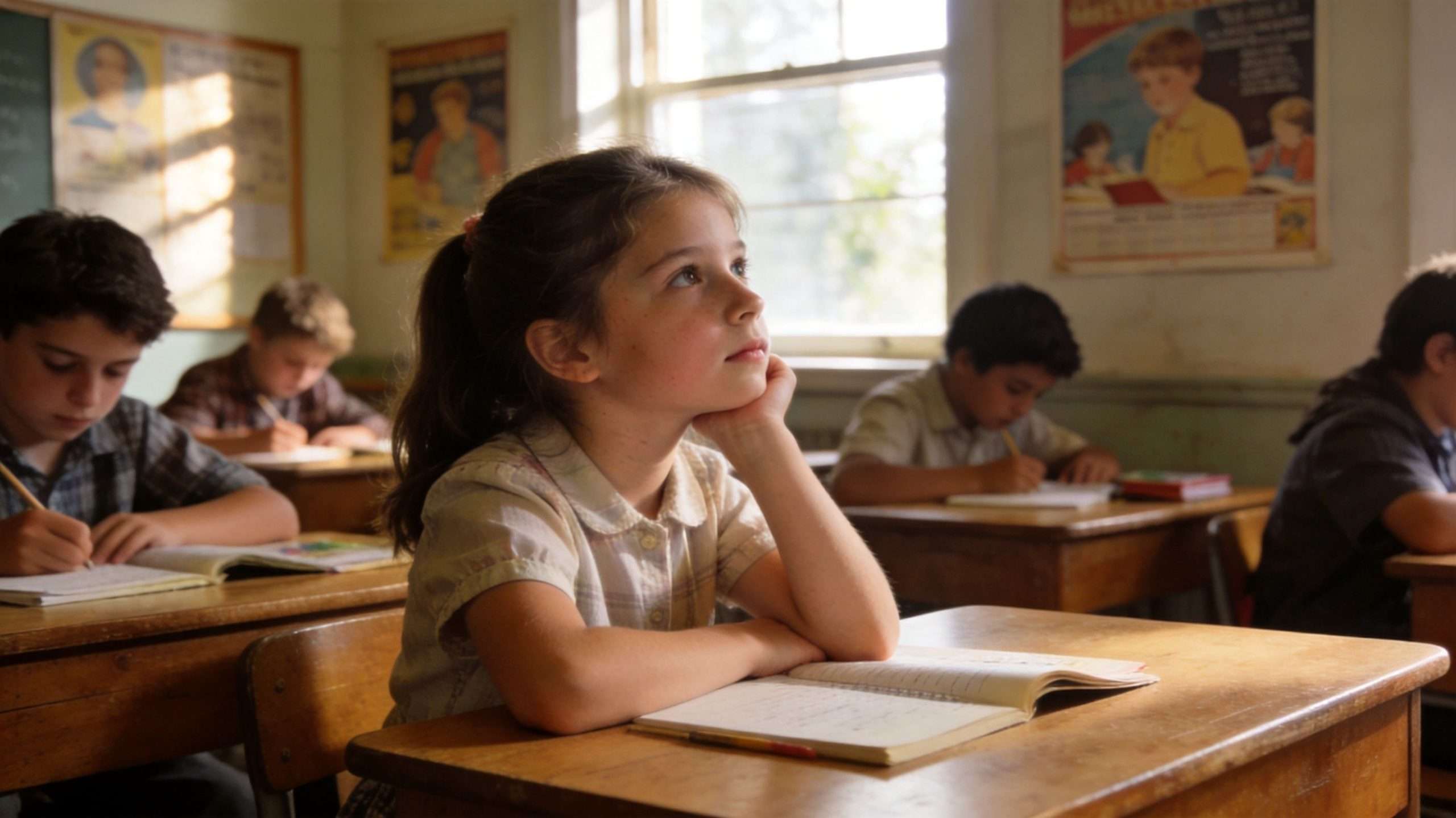 A young girl sits at her school desk, gazing thoughtfully away while others focus on their writing.