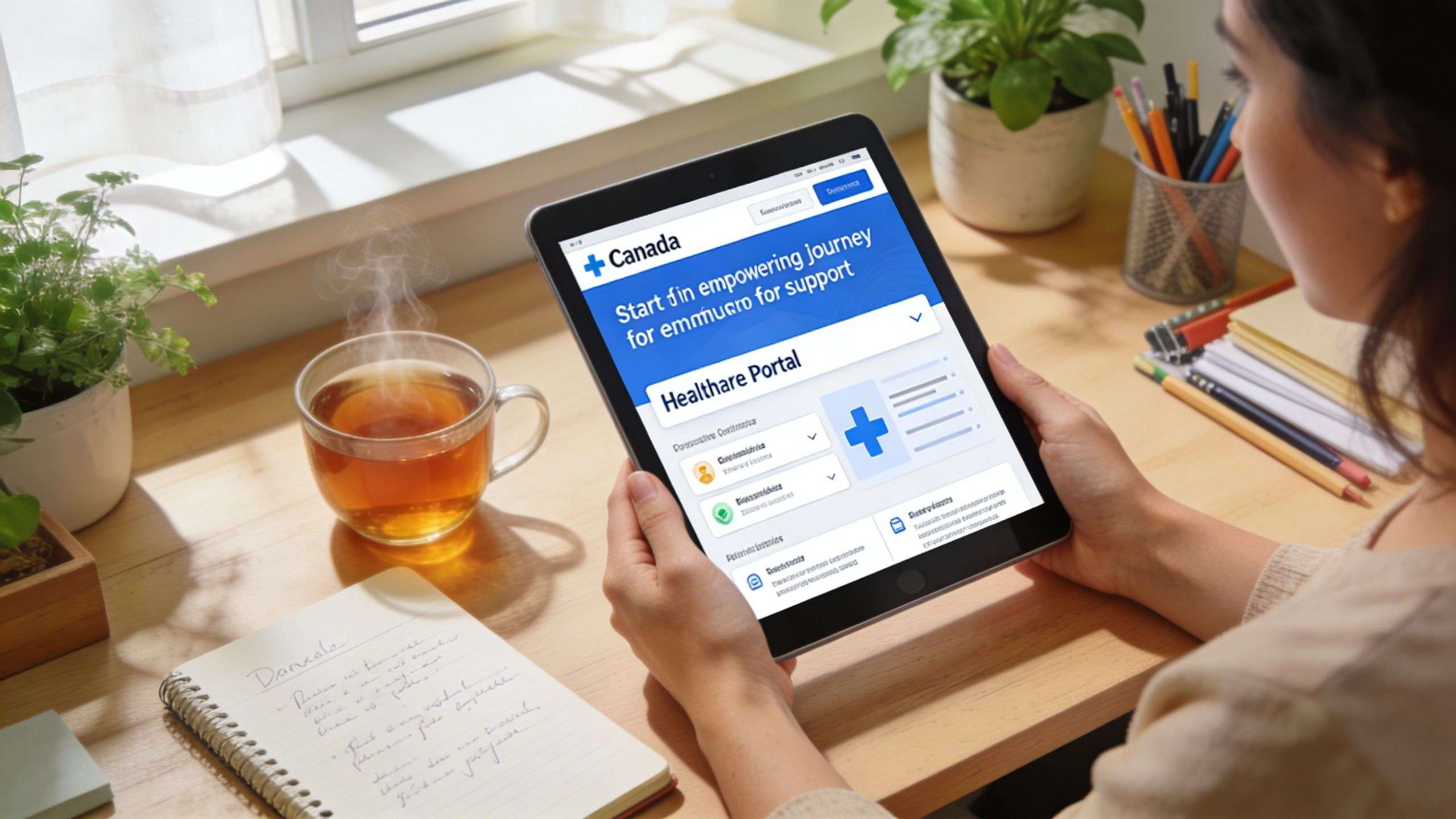 A woman using a tablet to access a Canadian government healthcare portal from her desk at home.