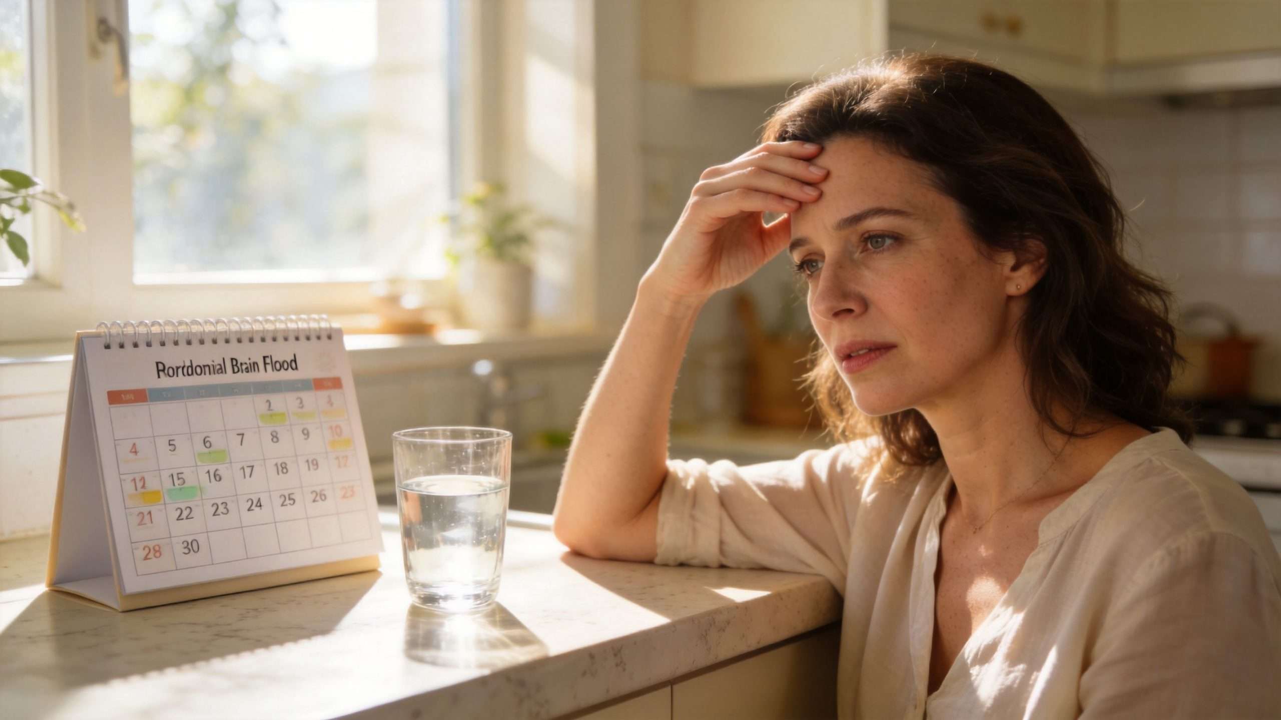 A woman looks stressed and overwhelmed in her kitchen with a calendar and a glass of water.
