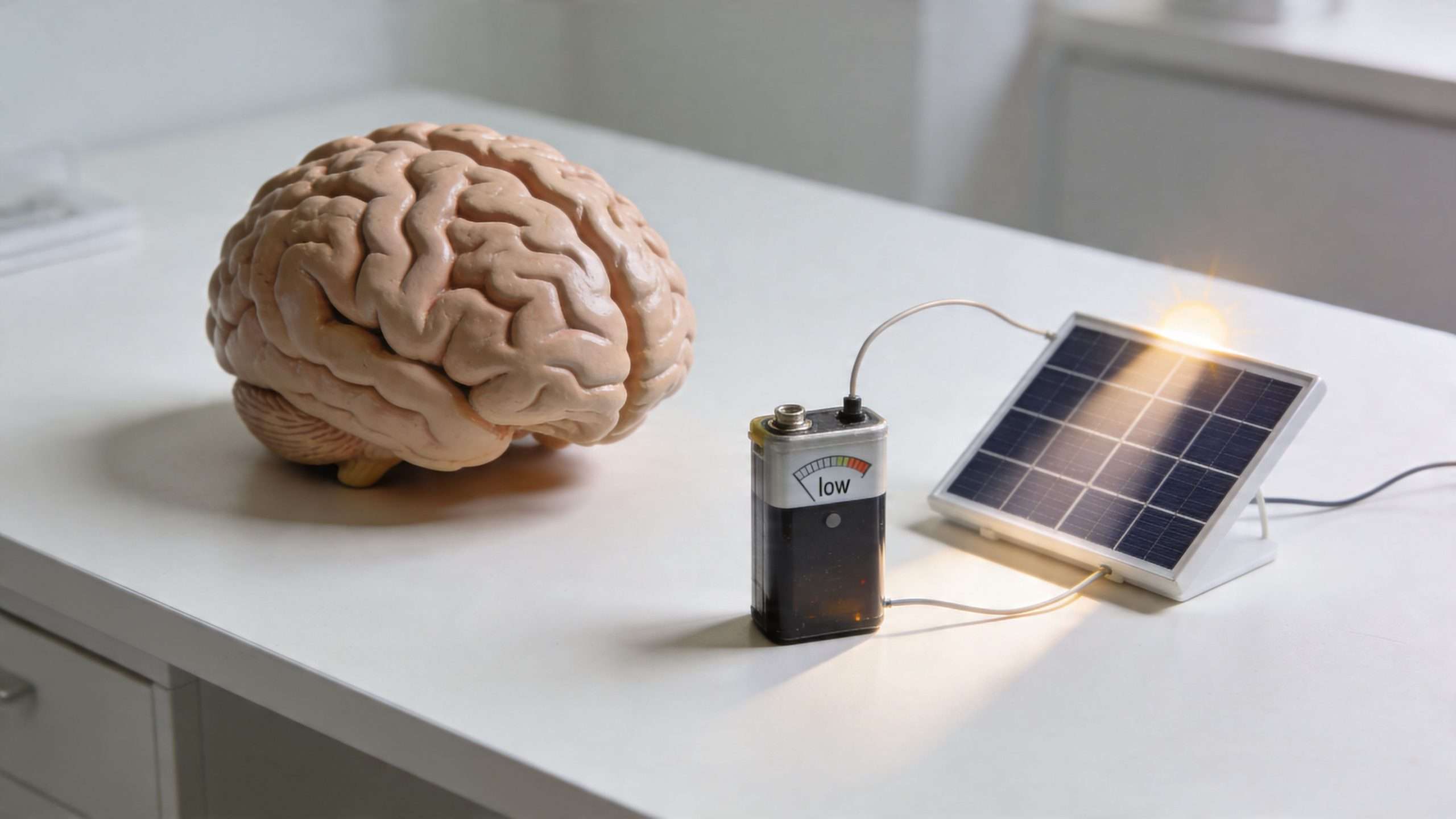 An anatomical human brain model sits next to a solar panel connected to a low battery indicator.