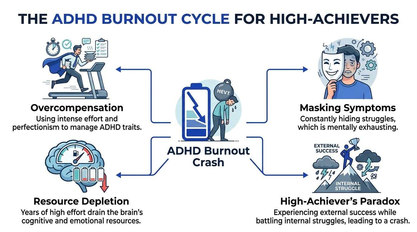 A diagram illustrating the ADHD burnout cycle for high-achievers, showing overcompensation, masking, resource depletion, and internal struggle.
