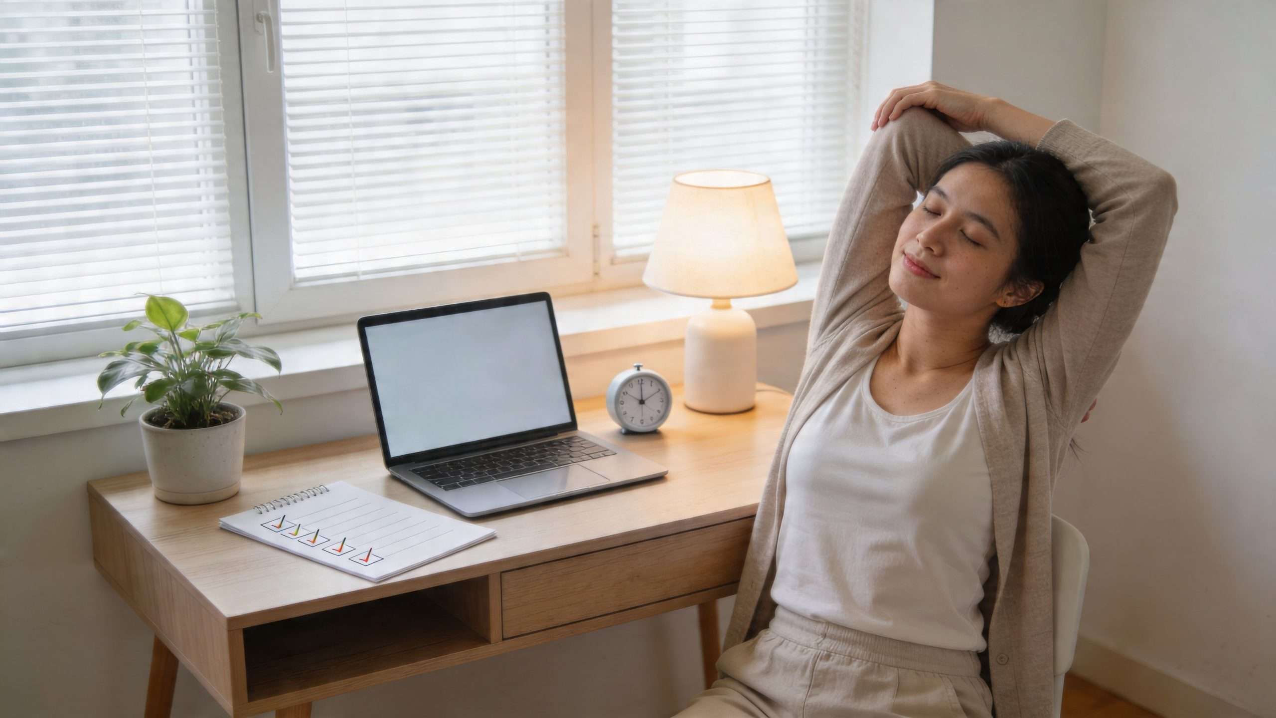 A woman stretching at her desk while working on a laptop, representing ADHD burnout and productivity.