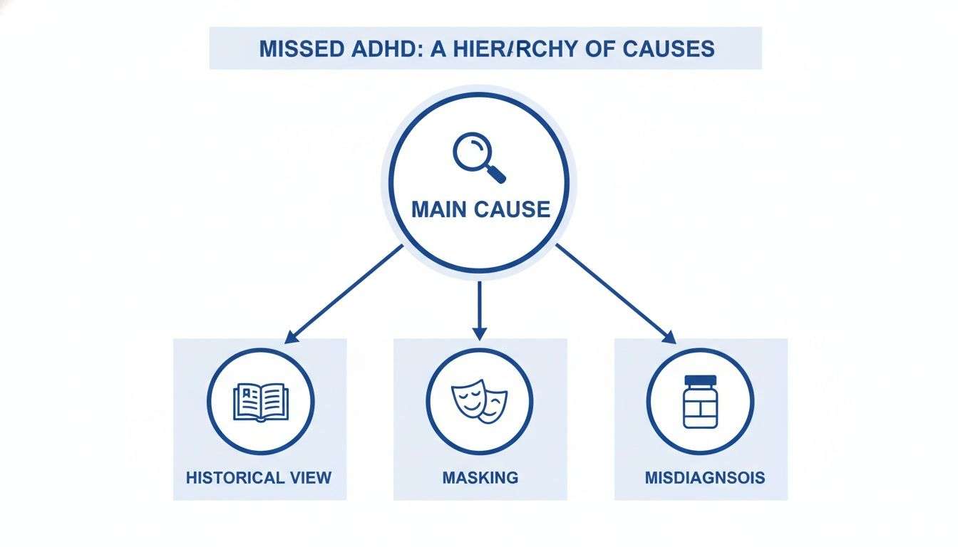 Diagram showing the main causes of missed ADHD: historical view, masking, and misdiagnosis.