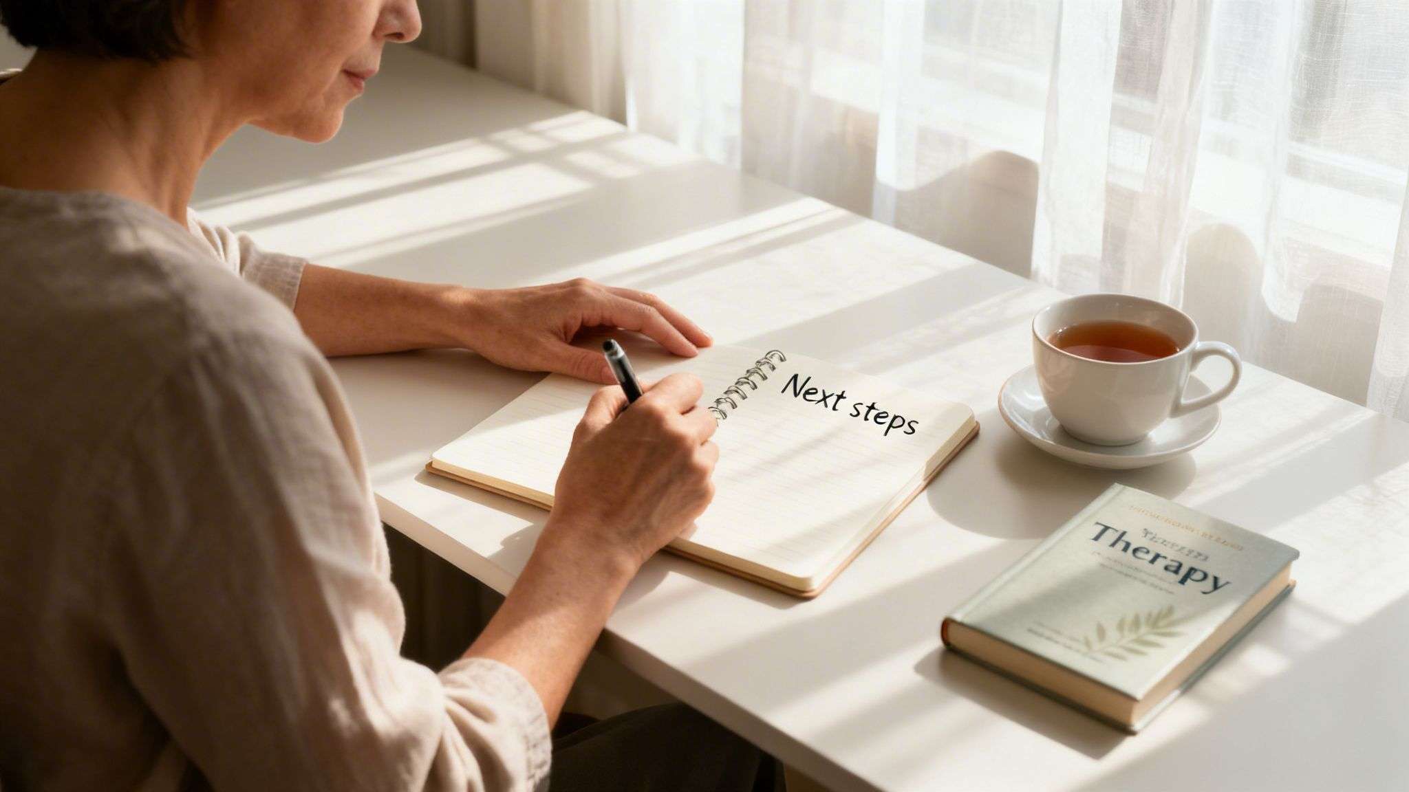 A person writing "Next steps" in a notebook with a pen, next to a cup of tea and a book titled "Therapy".
